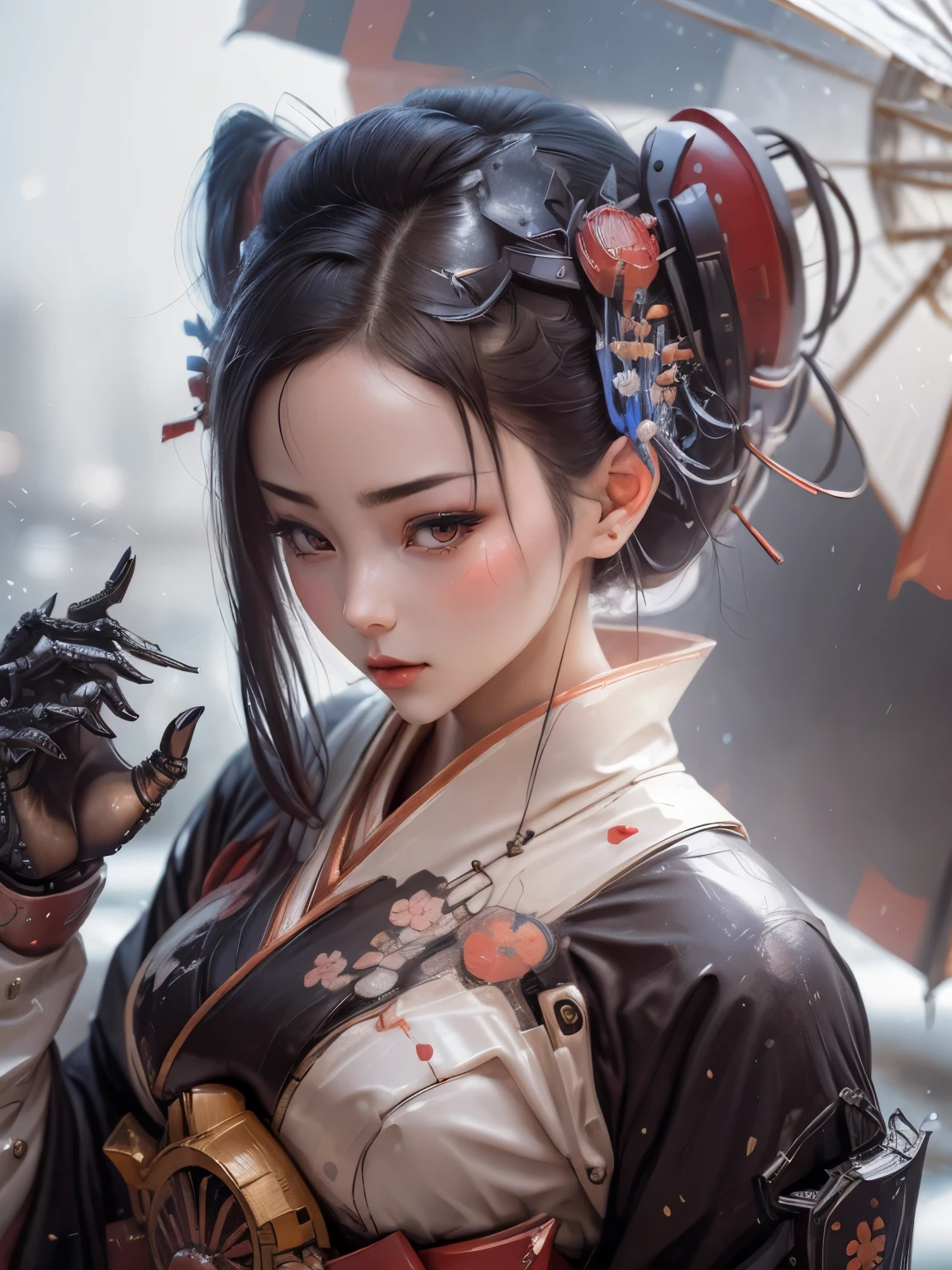 (Official Art, Unity 8k wallpaper, super detailed, high quality, best quality),
(Zen Entanglement, Mandala, Tangled, Entanglement: 0.6), (Red, Black), Flat Color, Limited Color Palette, Low Contrast, (1 Girl: 1.2), Solo, Seraf, Long Straight Black Hair, Garlic Flower, (Gloomy), (Gas Mask: 1.3),