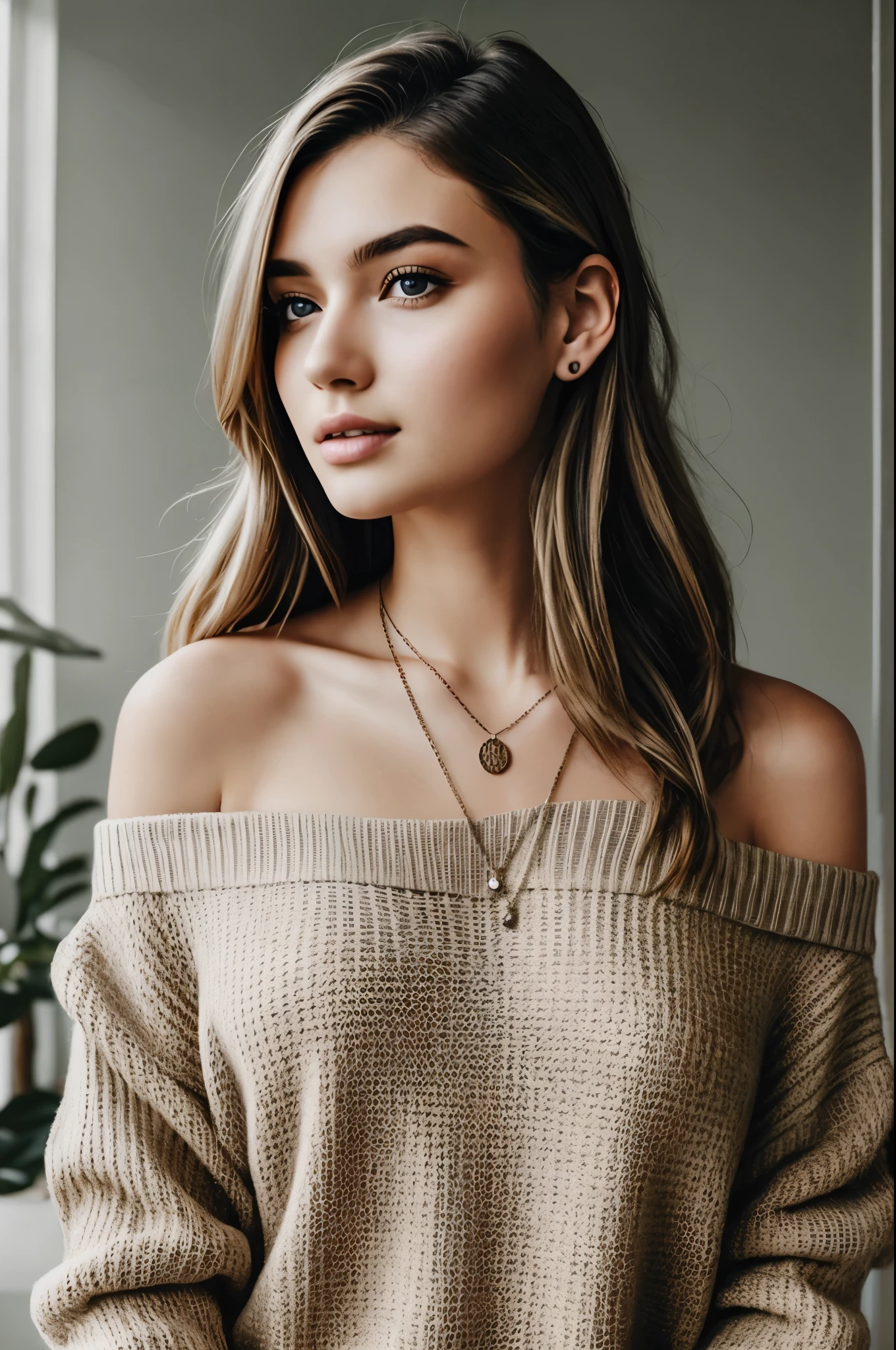 1 girl, 19 years old, alone, long hair, big breasts, looking at the viewer, blonde, bare shoulders, brown eyes, gem, whole body, necklace, off shoulder, sweater, realistic, Sexy