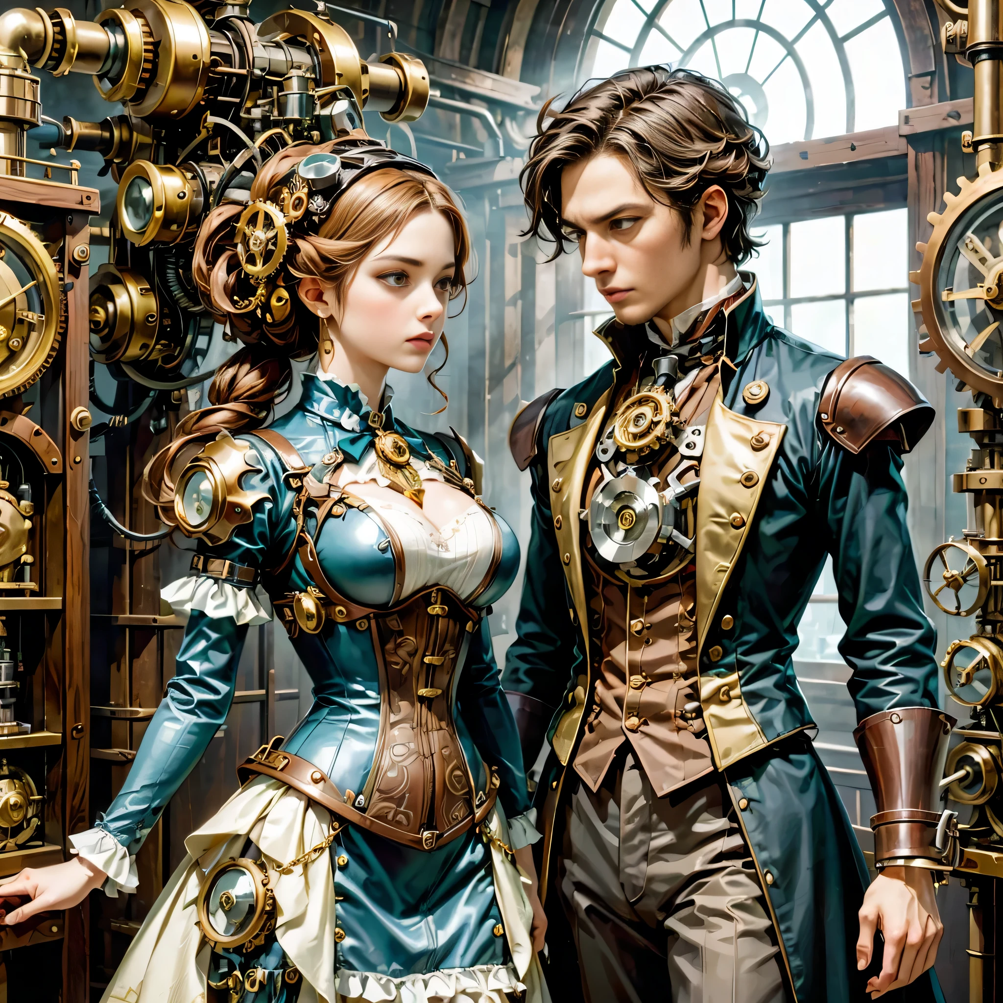 Landscape painting,mechanismロボットの恋を描きます,振り返り背後を見る男性mechanism:gentleman&#39;clothes,遠くで振り返ってこちらを見ている女性mechanism:dress figure,Mechanical couple,humanoid,Steampunk element,Mechanical engineering,Mechanically,Mechanical,intricate details,very fine,High resolution,high quality,最high quality,clearly,Be clear,beautiful light and shadow,Three dimensions,complex configuration,mechanism,dynamic,16th century london,主人から離れることが出来ないmechanism達はお互いを見つめることしか出来ません,dramatic,Looks grumpy,sorrow,two people far apart,