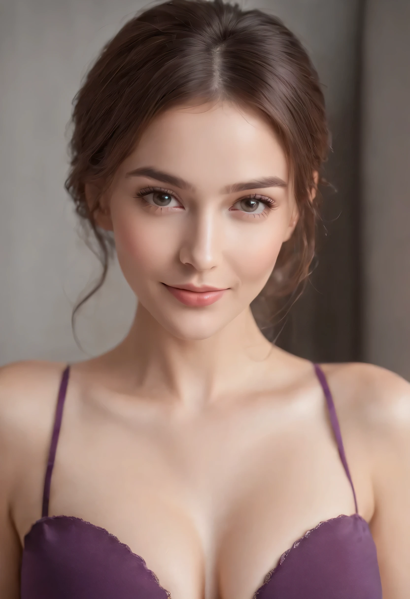 bust shot, strapless purple bra, I can see the cleavage, soft big breasts, smile, beautiful european model,  1 Girl with a beautiful face, upper body professional photo, (photo 4k:1.1) , (sharp focus:1.3), high detail, instagram pattern pose, With confidence, slim girl, big breasts:1.3, perfect anatomy, perfect symmetry:1.3, realistic, realistic face:1.2, perfect face, content, With confidence, very detailed, and dramatic, lighting scene, bright lighting, short hair
