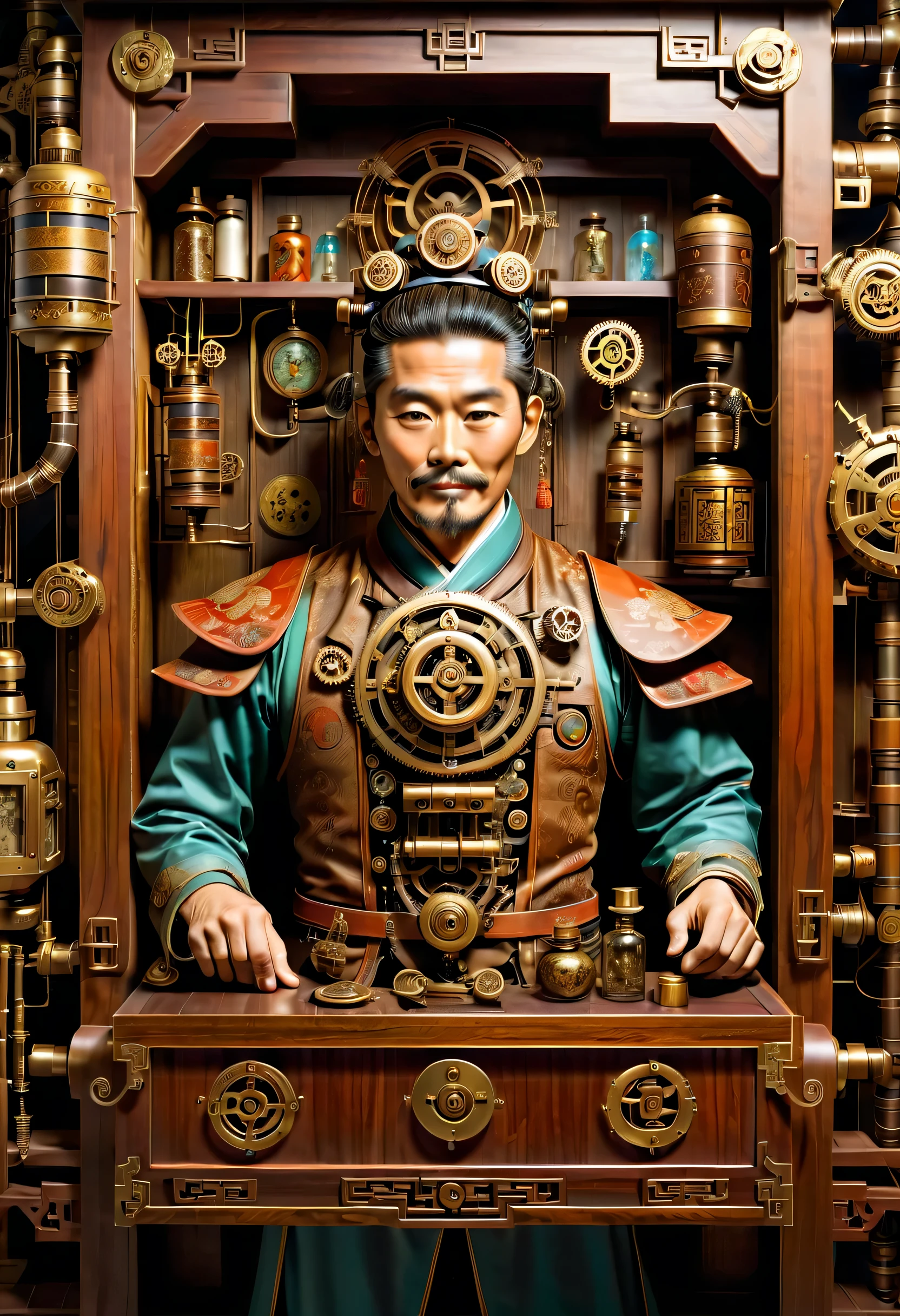 薬を販売しているImmortal,優しそうなelder,wiring,Immortal:elder:gray hair:wrinkled face:Chinese:i doubt it:The right arm of the machine,Fusion of machine and man,pharmacy background:ancient Chinese style:Medicinal herbal tar:wooden medicine cabinet,he lost part of his body in the war,Don&#39;don&#39;t hate anyone々I live with,右腕が機械になったImmortal,ancient Chinese styleの衣装,Steampunk element,Mechanically,Mechanical,intricate details,very fine,,High resolution,high quality,最high quality,clearly,Be clear,beautiful light and shadow,Three dimensions,complex configuration,mechanism,dynamic,Fusion of ancient civilization and steampunk,Be expressive,Impersonal,attractive,everyone loves him,I&#39;Iはジョークが得意で、I laugh a lot,prosthetic limb