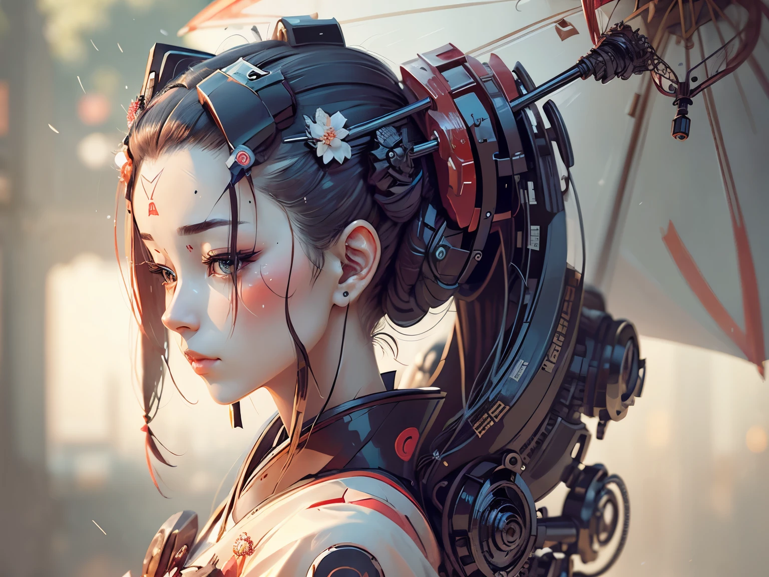 dark sci-fi, realistic, full body, 1 mechanical girl, mechanical parts, mechanical face, mechanical hands, mechanical body, cybernetic, android geisha, wearing traditional Japanese clothing and a parasol, elegant mix of japanese woman and mechanical robot, japanese android geisha, traditional geisha clothing, beauty mechanical geisha, geisha hairstyle, Portrait of a mechanical geisha, mechanical parts, mechanical face, mechanical hands, visible mechanical element (mechanical body,mechanical arms :1.4),