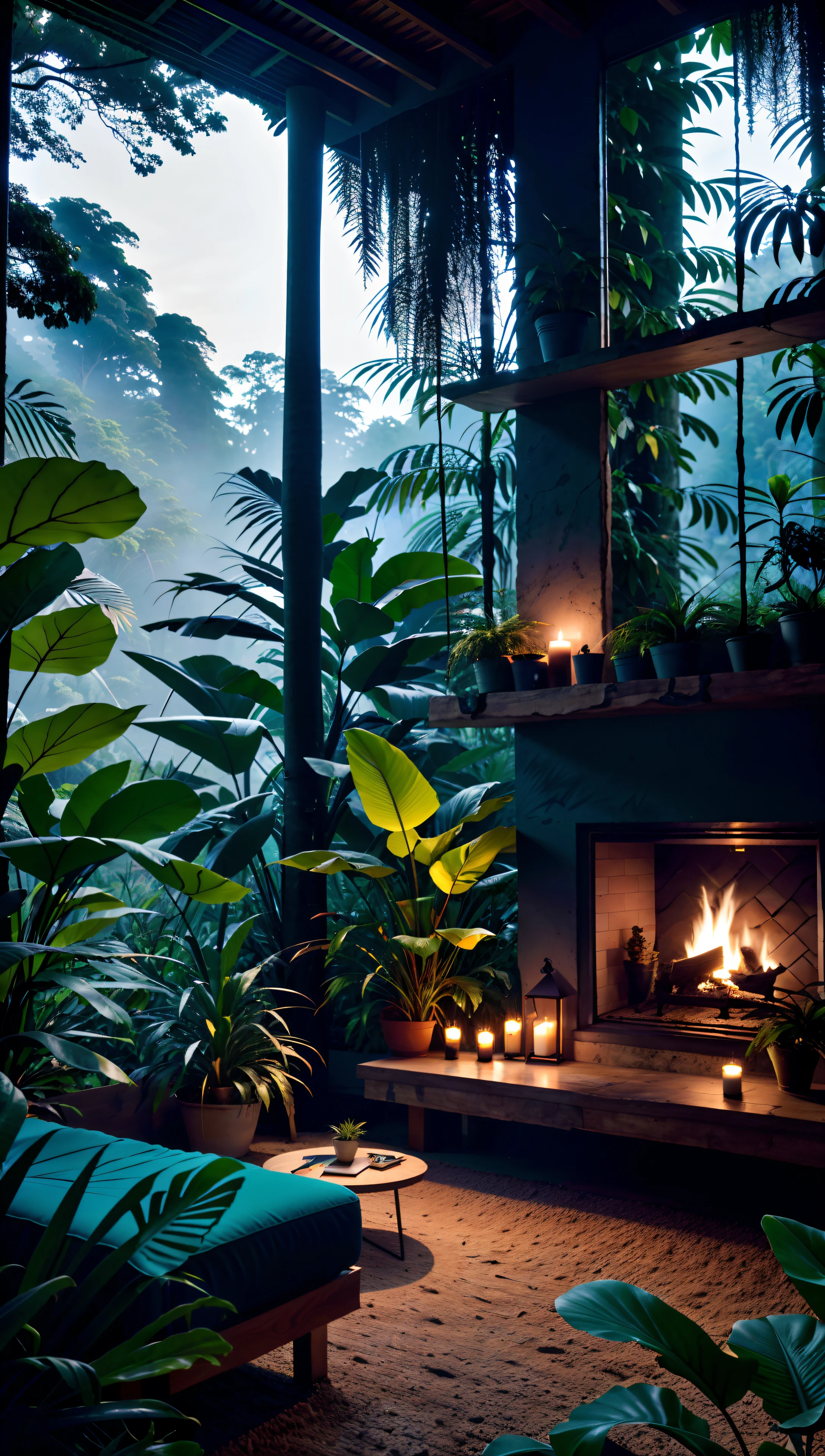 Sala de estar com vista para uma montanha e uma floresta, mountainous jungle setting, jungle setting, Como uma cena de Blade Runner, magical ambiance, pintura escura ultrarrealista, em um ambiente de selva, pleasant environment, floresta nublada, Selva bonita, ambiente mal-humorado, Selva exuberante, Inside an alien jungle, Plantas e selva, montanhas da floresta tropical, ambiente relaxante
