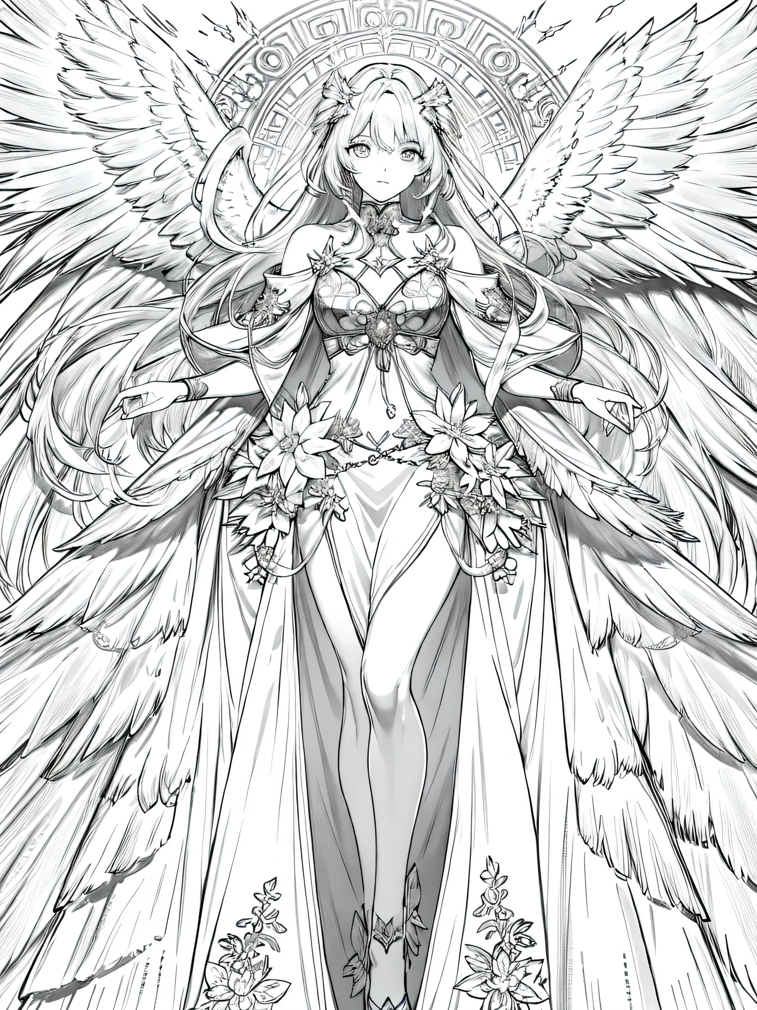 (Mejor calidad,4k,8K,high resolution,obra maestra:1.2),ultra detallado,(angel),obra maestra,cuerpo completo, manga,hermoso,girl with angel wings, angel ,Femenino,Fondo blanco,monocromo,Dibujo lineal,((bosquejo)),sorprendido,ojos blancos