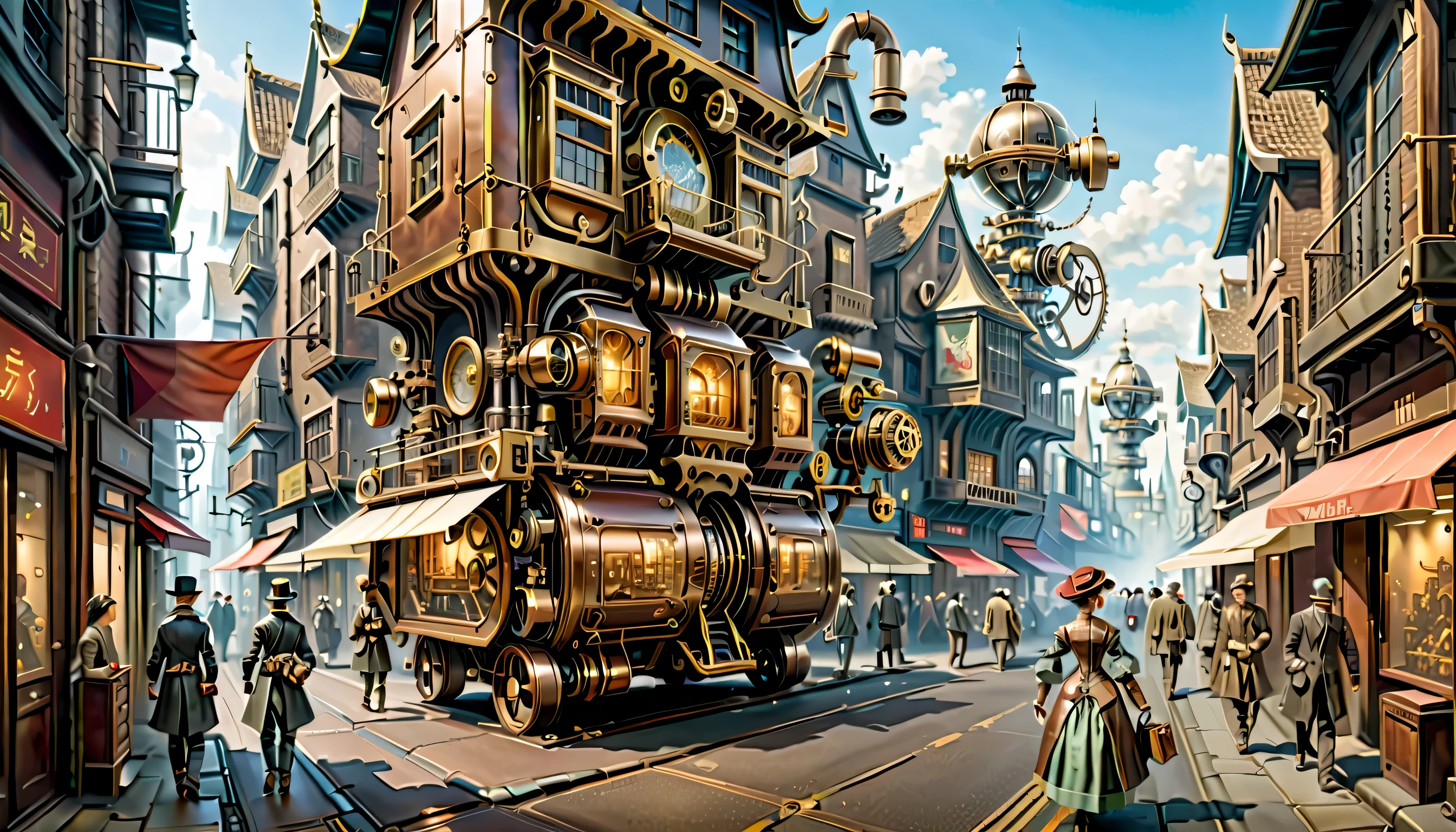 Landscape painting,mechanismロボットとhumanが一緒に生活する未来都市,busy street,Shopping Street,lively cityscape,歩いているmechanismロボット:humanoid,human:16th century costume,Steampunk element,Mechanical engineering,Mechanically,Mechanical,intricate details,very fine,High resolution,high quality,最high quality,clearly,Be clear,beautiful light and shadow,Three dimensions,complex configuration,mechanism,dynamic,16th century london,Select a product,Enjoy watching,structural aesthetics,Mechanicalエンジン,nice,rendering,metallic luster,happy person々,anatomically correct