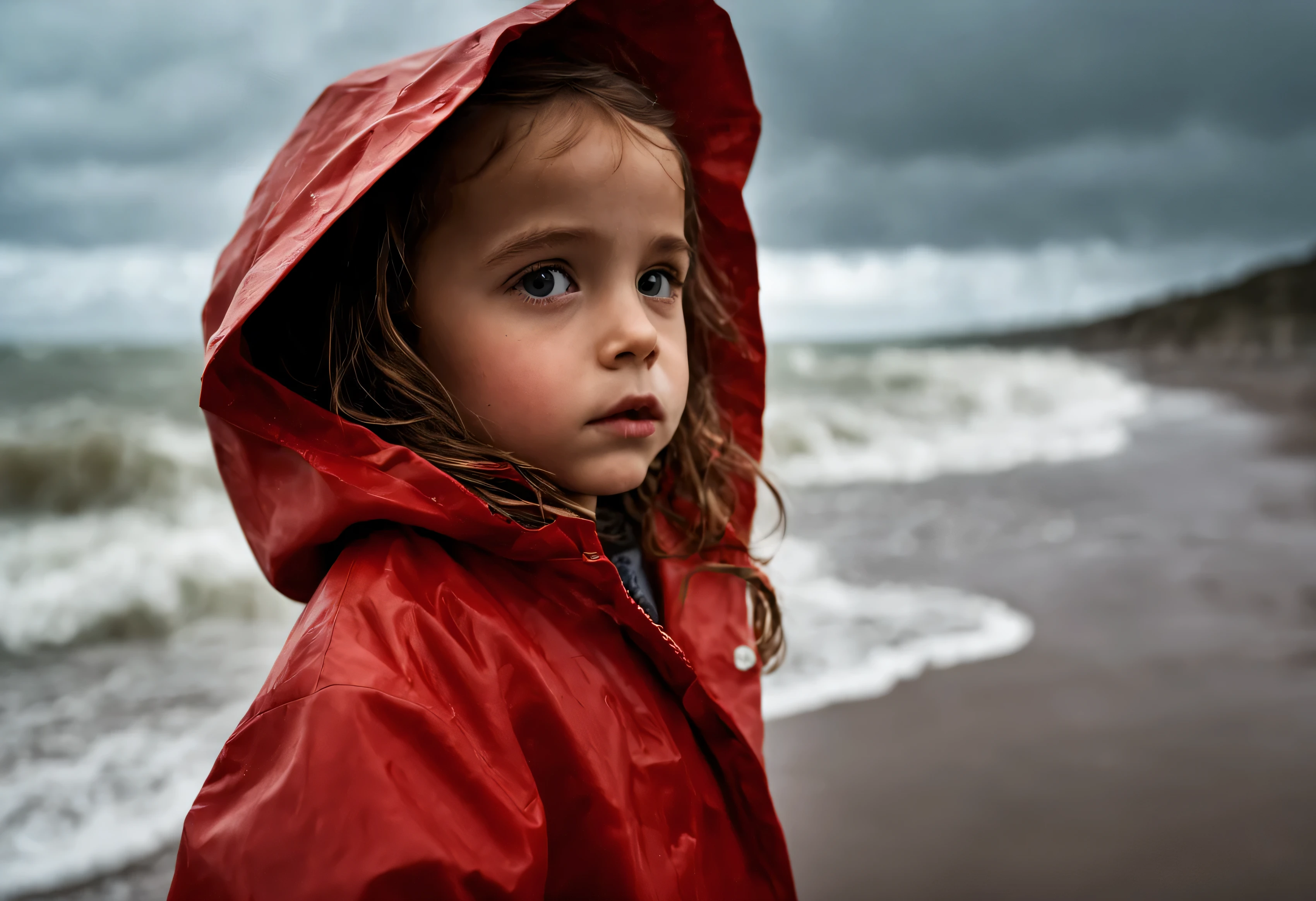 beautiful american 5 year old girl, facing left,Wearing a red raincoat,in the storm, The background is the seaside,portrait, Very detailed POV, Written by Lee Jeffries, Nikon D850, film stock photography ,4 Kodak Portra 400 ,camera f1.6 lenses ,rich colors ,surreal ,realistic texture, dramatic lighting , Cinestill 800,