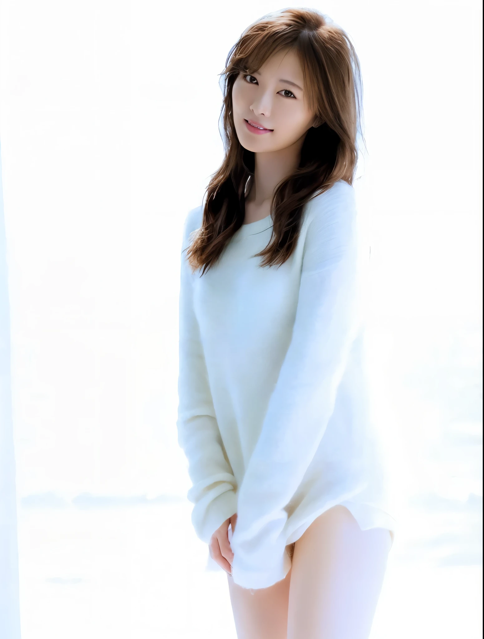 (16k, ultra high res, best quality, high quality, masterpiece:1.3), (a professional photo of girl), RAW photo, realistic illustration, (ultra detailed eyes and face), (ultra detailed beautiful skin), full body shot, elegant sleek smooth body, sultry body with sexy belly, perfect body, attractive body, photorealistic perfect body, facial features, super detail beautiful natural skin, natural makeup, narrow waist, slender, cleavage, beautiful navel, she is very sexy, she is cute and beautifull, araffe asian woman in white sweater posing for a picture, in white clothes, cute actress, young pretty gravure idol, beautiful young korean woman