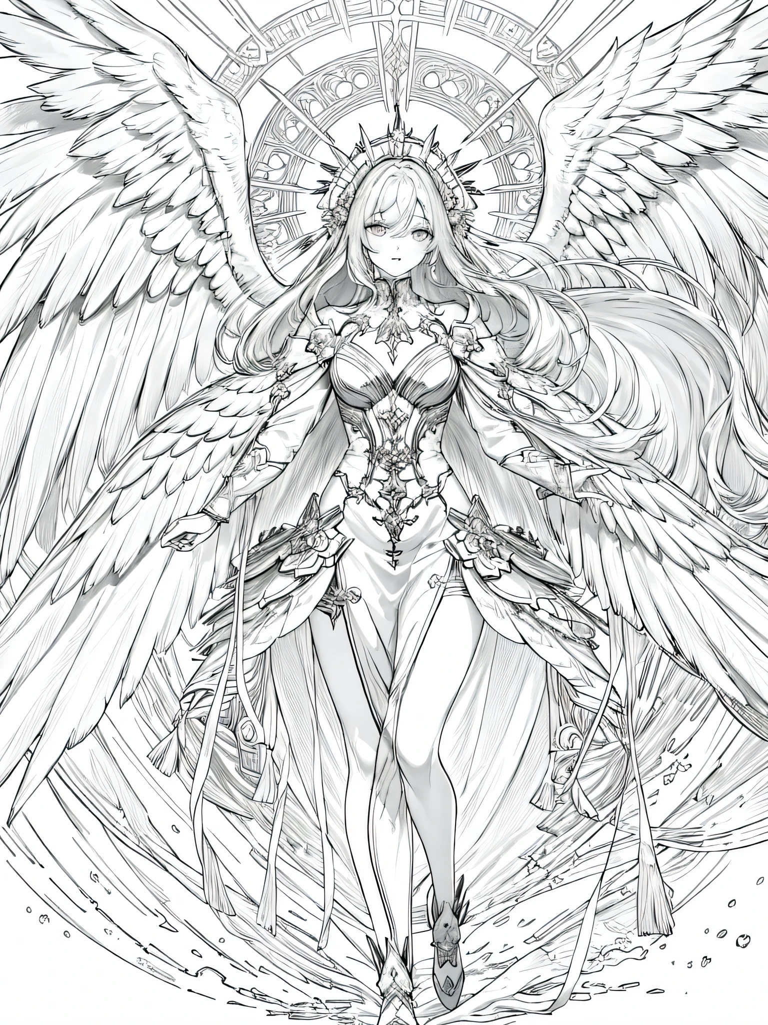 (Mejor calidad,4k,8K,high resolution,obra maestra:1.2),ultra detallado,(angel),obra maestra,cuerpo completo, manga,hermoso,girl with angel wings, angel ,Femenino,Fondo blanco,monocromo,Dibujo lineal,((bosquejo)),sorprendido,ojos blancos