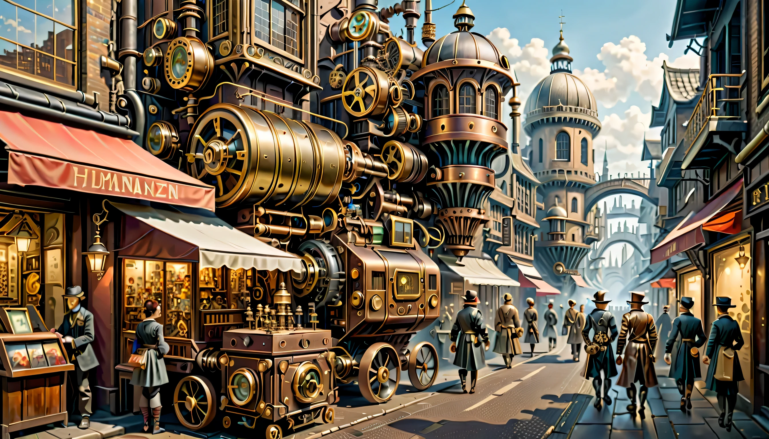 Landscape painting,mechanismロボットとhumanが一緒に生活する未来都市,busy street,Shopping Street,lively cityscape,歩いているmechanismロボット:humanoid,human:16th century costume,Steampunk element,Mechanical engineering,Mechanically,Mechanical,intricate details,very fine,High resolution,high quality,最high quality,clearly,Be clear,beautiful light and shadow,Three dimensions,complex configuration,mechanism,dynamic,16th century london,Select a product,Enjoy watching,structural aesthetics,Mechanicalエンジン,nice,rendering,metallic luster,happy person々,anatomically correct