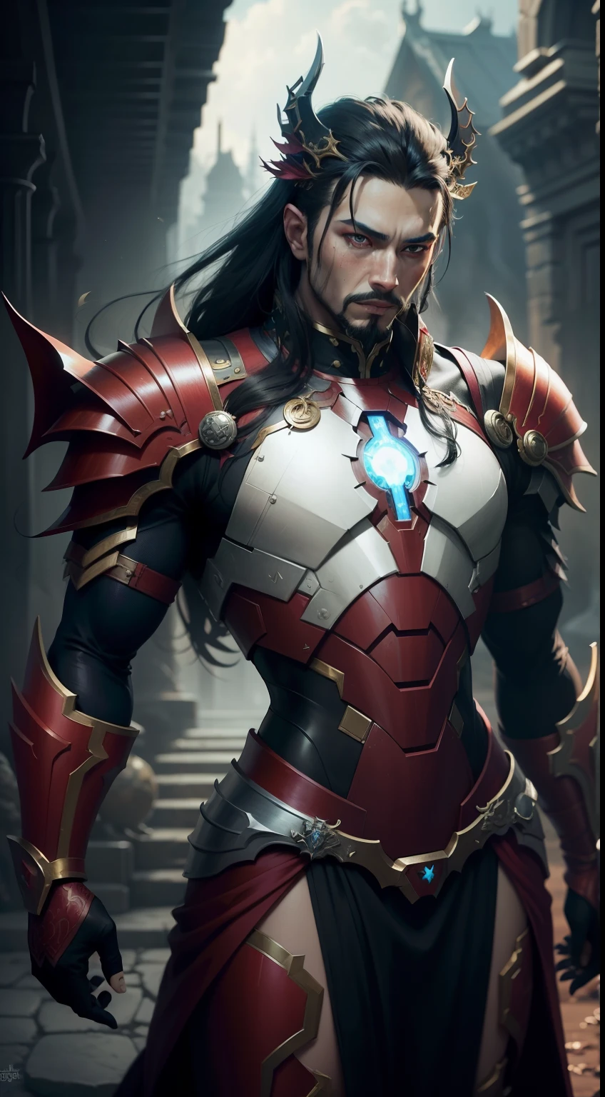a close-up of a costumed ironman with a dragon on a black background, lindo deus masculino da morte, governante do inferno, ornate supreme demon overlord, o imperador divino da humanidade, Arte detalhada de Onmyoji, Demonic noble character design, demonic dragon inspired armor, beautiful and elegant demon queen, epic fantasy digital art style, epic fantasy art style hd