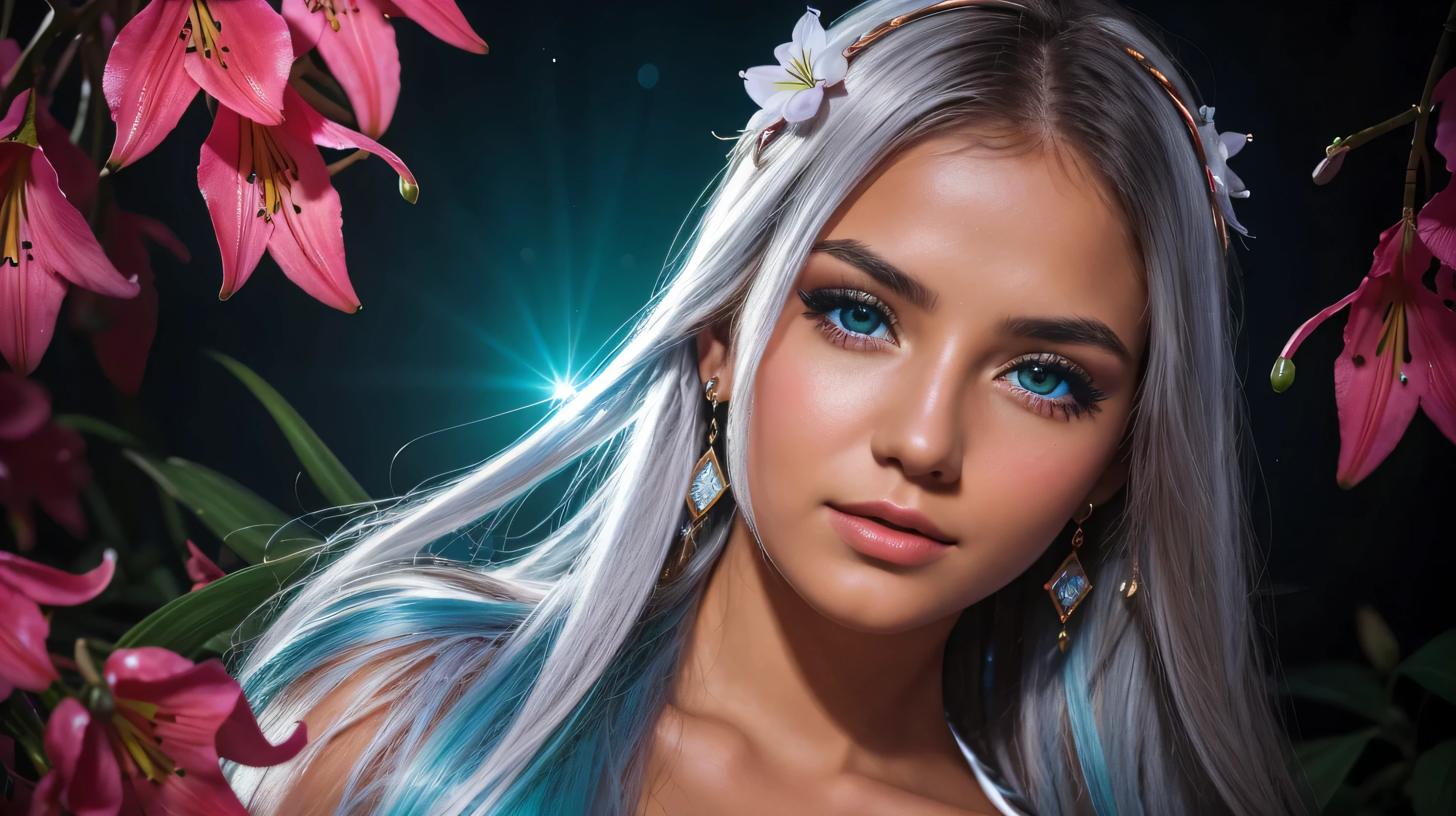 Beautiful realistic girl with BRIGHT WHITE-BLUE long hair ,Close-up of clean skin with detailed skin ,full length,in a short miniskirt,on an orange background ,Against the background of the starry sky,bright makeup,detailed eyes,EARRINGS WITH GLITTERS,two-leaf gray flower,translucent speckled bifoliate gray,Биолюминесцентный — сверхhigh quality 8K, High contrast, rich colors, soft light, Super detailed photos. ultra high quality 8K, High contrast, noise reduction, яркие rich colors.. high quality, 8K Ultra HD, High contrasthigh quality,мягкие close focus,very beautiful flower, translucent red lily of the valley with dew drop flower, bioluminescent flower glows and shimmers, he grows in a mysterious forest, shrouded in mystery, Сверхhigh quality 8k, High contrast, rich colors, soft light, Ultra-detailed photos. Сверхhigh quality 8k, High contrast, noise reduction, bright rich colors.. high quality, 8K Ultra HD, High contrast