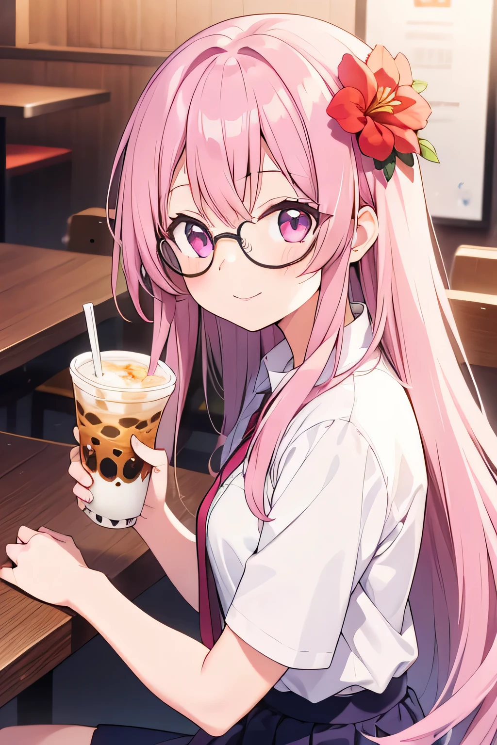 1girl, 1man, sit together, pink hair, pure long hair, flower hair ornaments on right side, wearing white shirt, purple skirt, 8k resolutions, 8k quality, medium breast, pink eyes, small, upper body, HD resolutions, half body, wearing round glasses, chibibody, smallbody, holding boba cup(detailed), sit, restaurant, man with white shirt, man with white hair, smile