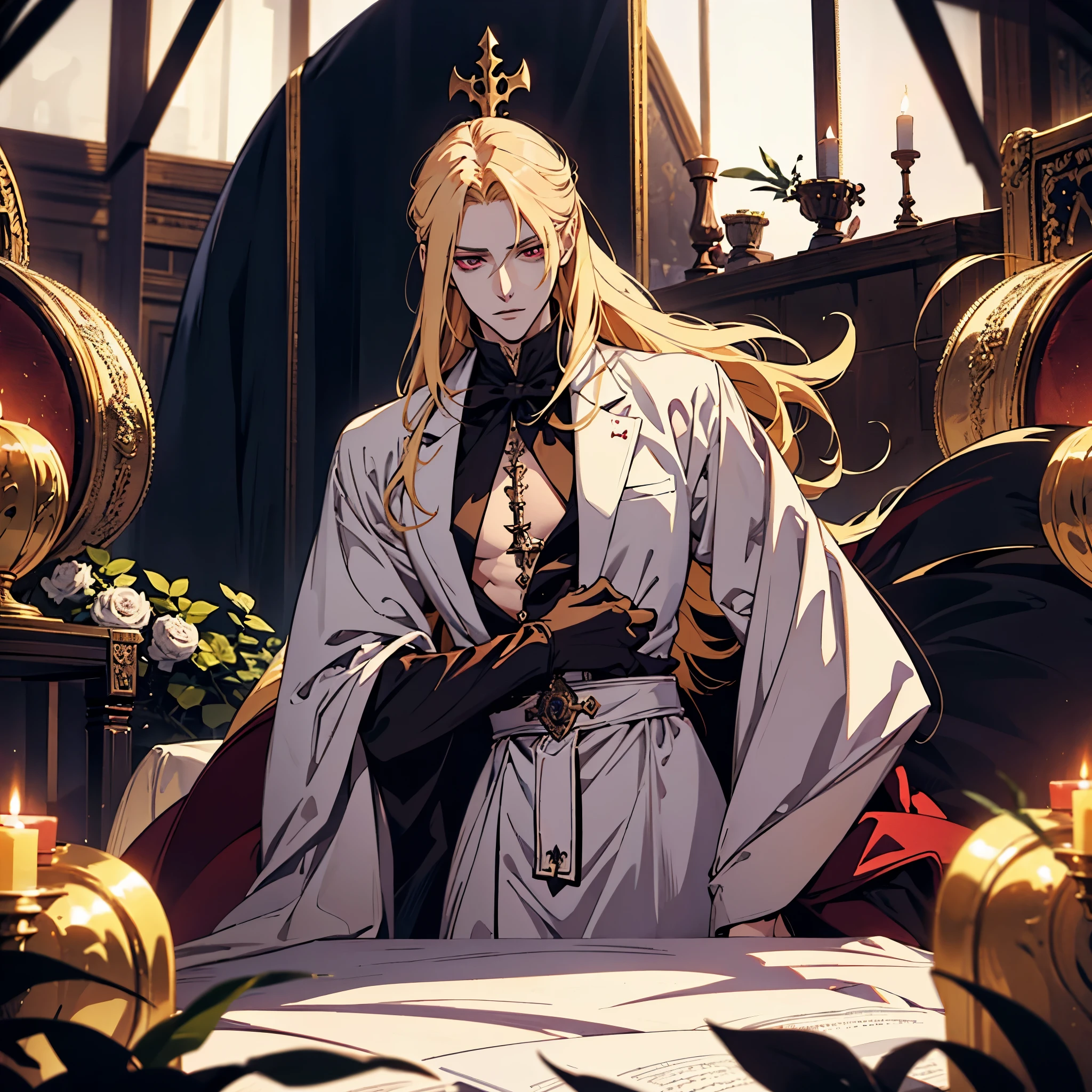 anime, ONE man! with long blonde hair, alucard, castelvania, beautiful androgynous prince, magical blond prince, delicate androgynous prince, handsome male vampire, detailed 30 year old male face, casimir art, anime handsome man, key anime art, vampire, male vampire, red eyes, sexy, attractive, full body, tongle, NO clothes, NO shirt, adult content, nudity, penis