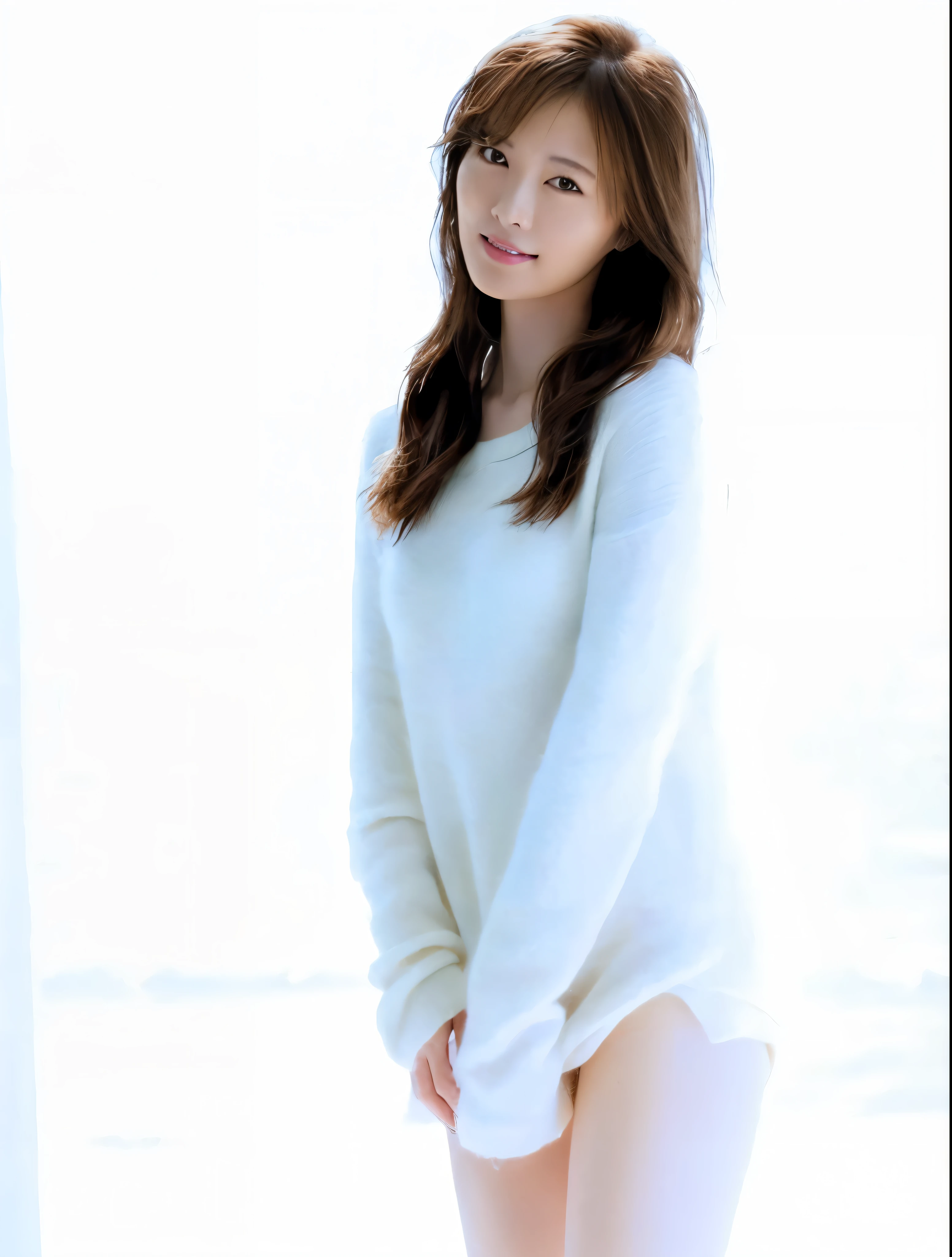 (16k, ultra high res, best quality, high quality, masterpiece:1.3), (a professional photo of girl), RAW photo, realistic illustration, (ultra detailed eyes and face), (ultra detailed beautiful skin), full body shot, elegant sleek smooth body, sultry body with sexy belly, perfect body, attractive body, photorealistic perfect body, facial features, super detail beautiful natural skin, natural makeup, narrow waist, slender, cleavage, beautiful navel, she is very sexy, she is cute and beautifull, araffe asian woman in white sweater posing for a picture, in white clothes, cute actress, young pretty gravure idol, beautiful young korean woman