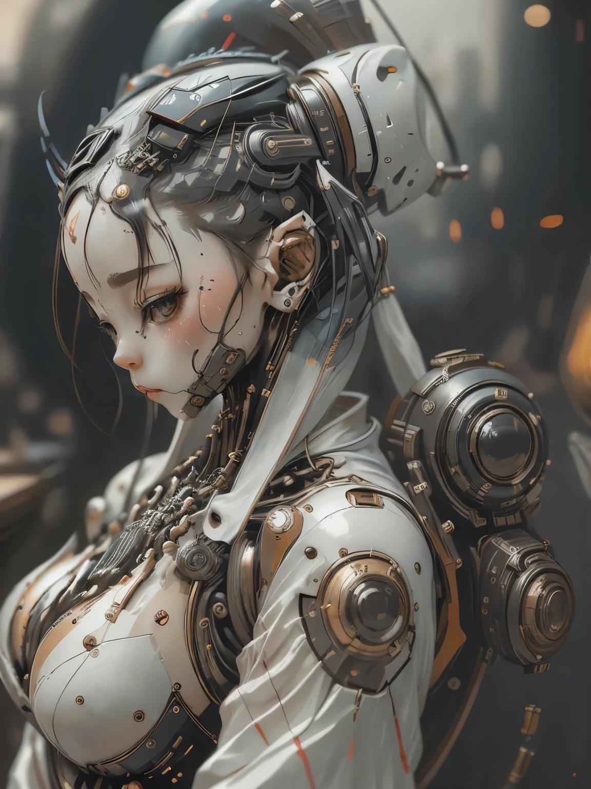 dark sci-fi, realistic photo, full bod shot, 1 mechanical girl, mechanical parts, mechanical face, mechanical hands, mechanical body, mechanical legs, cybernetic, android geisha, wearing traditional Japanese clothing and a parasol, elegant mix of japanese woman and mechanical robot, japanese android geisha, traditional geisha clothing, beauty mechanical geisha, geisha hairstyle, Portrait of a mechanical geisha, mechanical parts, mechanical face, mechanical hands, visible mechanical element (mechanical body,mechanical arms :1.4), full boddy shot, depth of field, film grain, raw photo