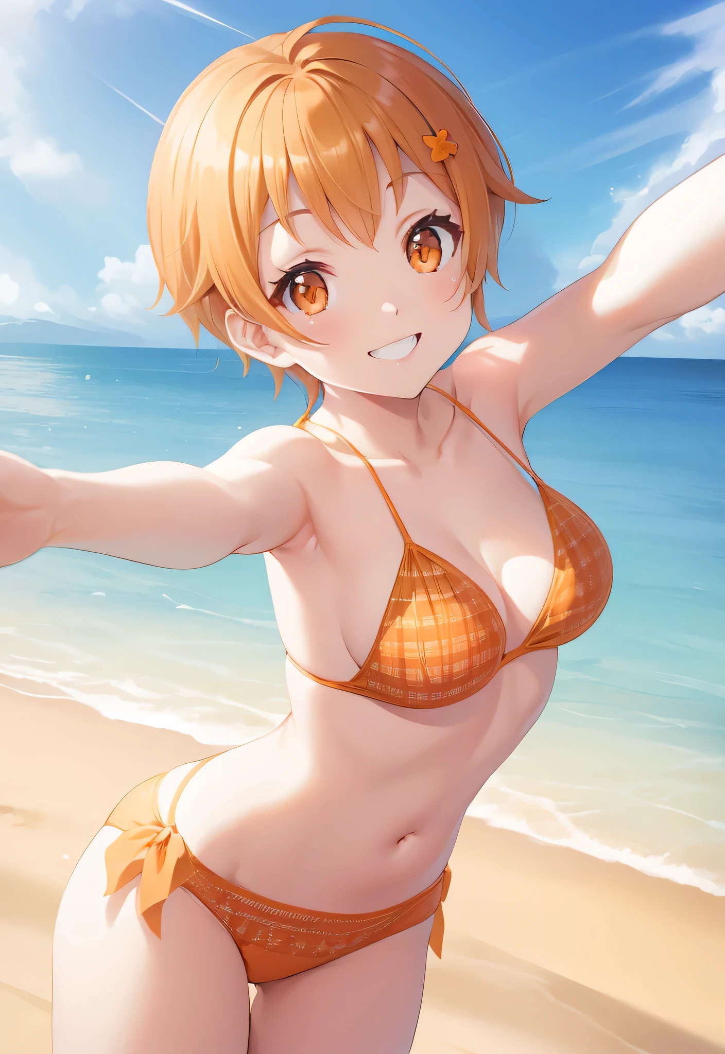 best image quality、beautiful image quality、highest quality、orange hair、orange bikini、orange eyes