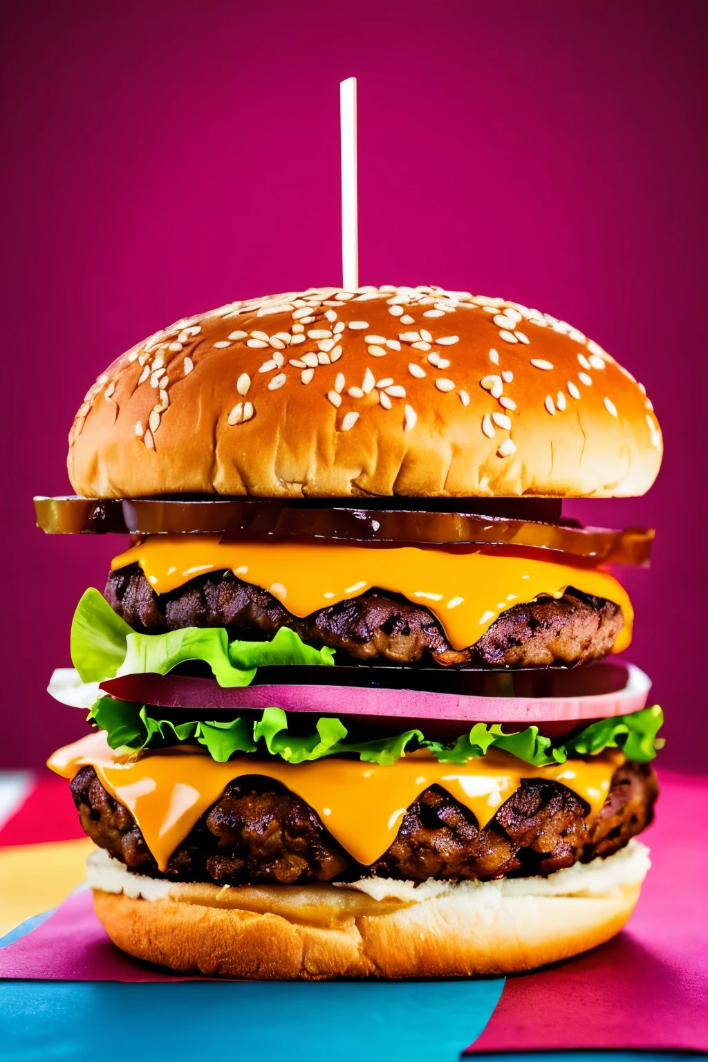 A delightful digital artwork featuring a whimsical burger stand, every meal comes with a free burger in vibrant colors, juicy and appetizing, hyper-realistic 8K image, bursting with lively details and textures, inviting and enticing, @burgerart, delicious digital art, free burger illustration, tasty 8k image, mouthwatering digital painting, free burger reward, vivid and appetizing, high definition burger graphic, Enjoy your meal!
