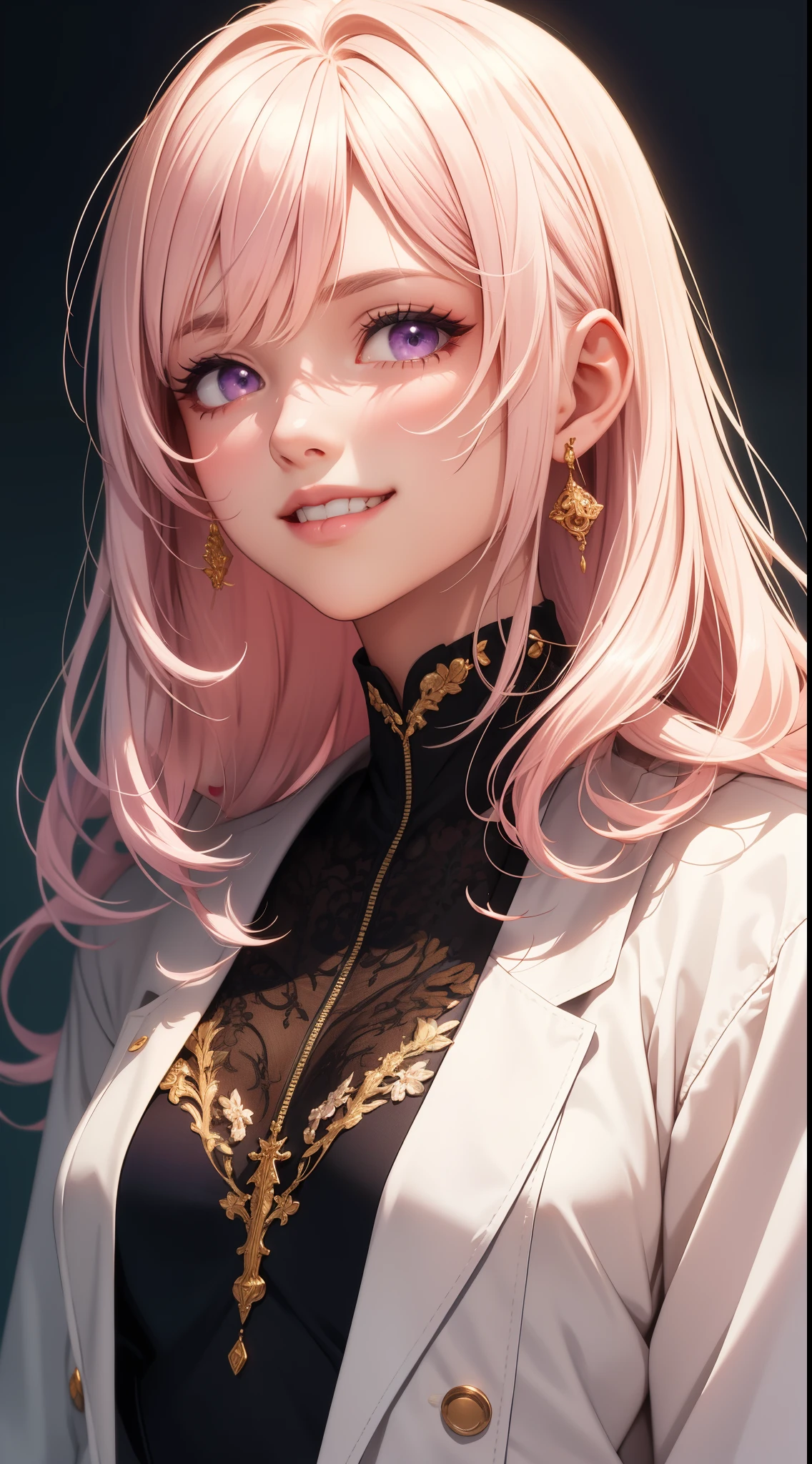 (masterpiece, best quality), intricate details, thin, ((slim)), beautiful girl, Light pink hair, white skin, light purple eyes, sharp jawline, cropped jacket, messy hair, lips, upper body, close up, smirk