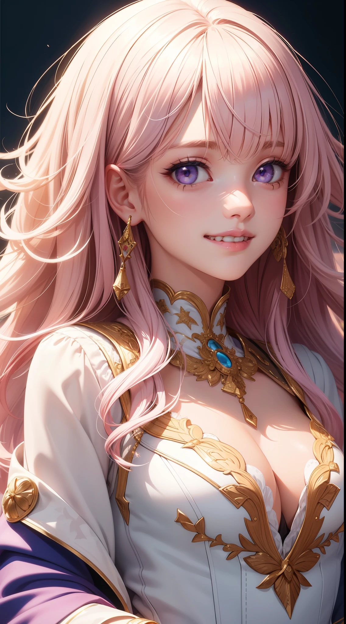 (masterpiece, highest quality), intricate details, thin, ((slim)), beautiful girl, light pink hair, white skin, light purple eyes, sharp jaw line, cropped jacket, messy hair, lips, Upper body, close, grin