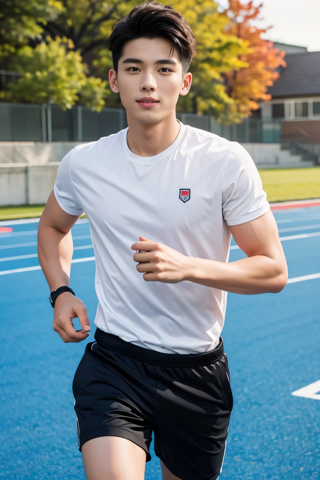 (masterpiece,best quality:1.2),male model, alone, 1 person,20 year old male,young,Handsome,asian model,black hair,short hair,Smile,Sexy breasts,6-pack abs,Sexy figure,early morning,Boy running on stadium track,The wind blows,Leaves fall,whole body perspective,