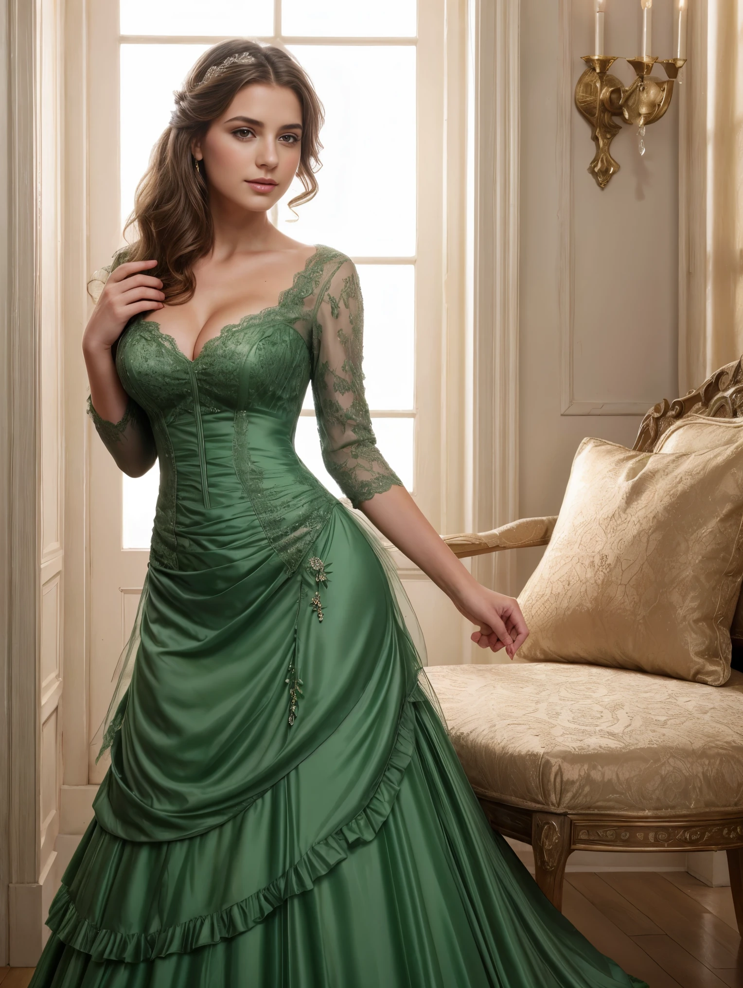 ((High quality work)), 1 girl, clear and concise lines, green dress and pleated lace beautifully complement each other, deep cleavage, seductive posing, enriching the layering of the whole picture picture, the graceful Edwardian lace gown falling down to reveal one breast and the princess dress add so much to the personality, the gesture of holding back the hand, it also shows the gentle and elegant side of the person women. nude, medium breasts