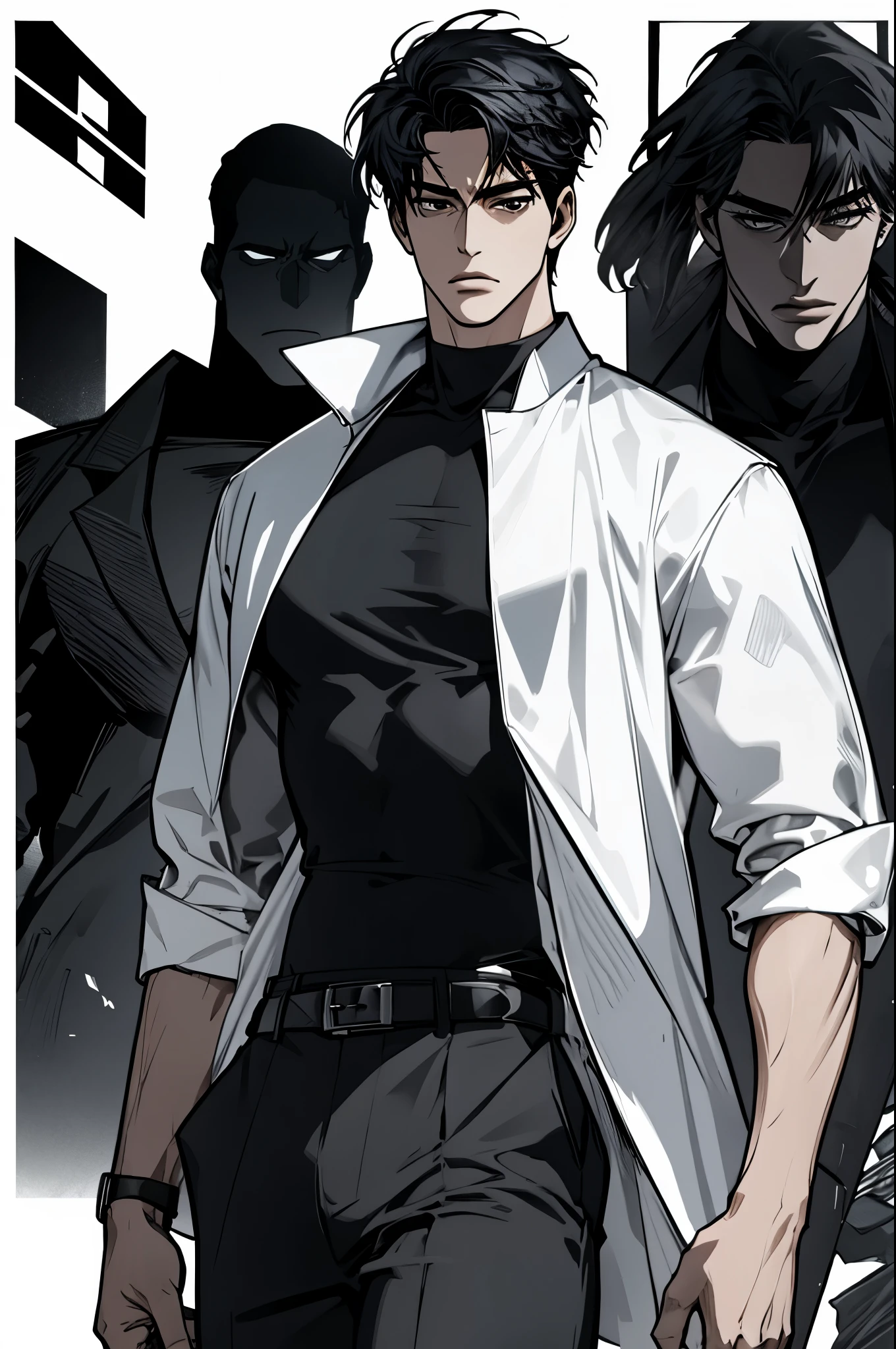 masterpiece, ultra detailed, 4K, 8K, 32K, intricate, (((1boy))), ((black hair)), ((no background)), white background, detailed eyes, white shirt and black pants, school uniform, handsome young man, 20 year old, (((same character))), dynamic pose, anatomically correct hands, modern clothing, detailed clothes, (slender body), Hideaki Sorachi, Bleach, Tite Kubo, Kazuki Yone, (((stylish haircut)))