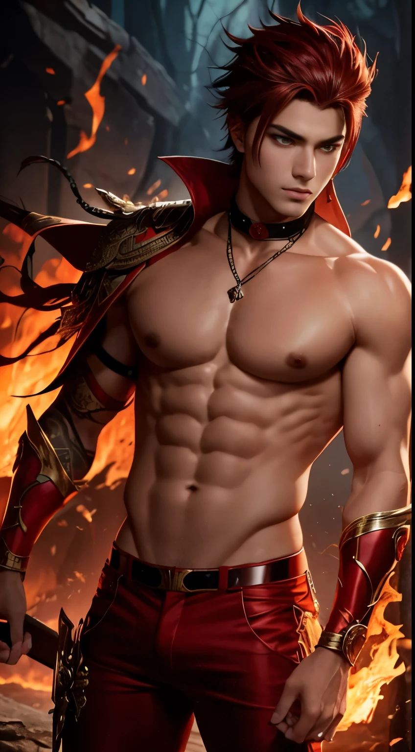 "Lose yourself in the enchanting gaze of Masse&#39;s piercing red eyes as he effortlessly controls the element of fire with his relaxed and handsome demeanor."