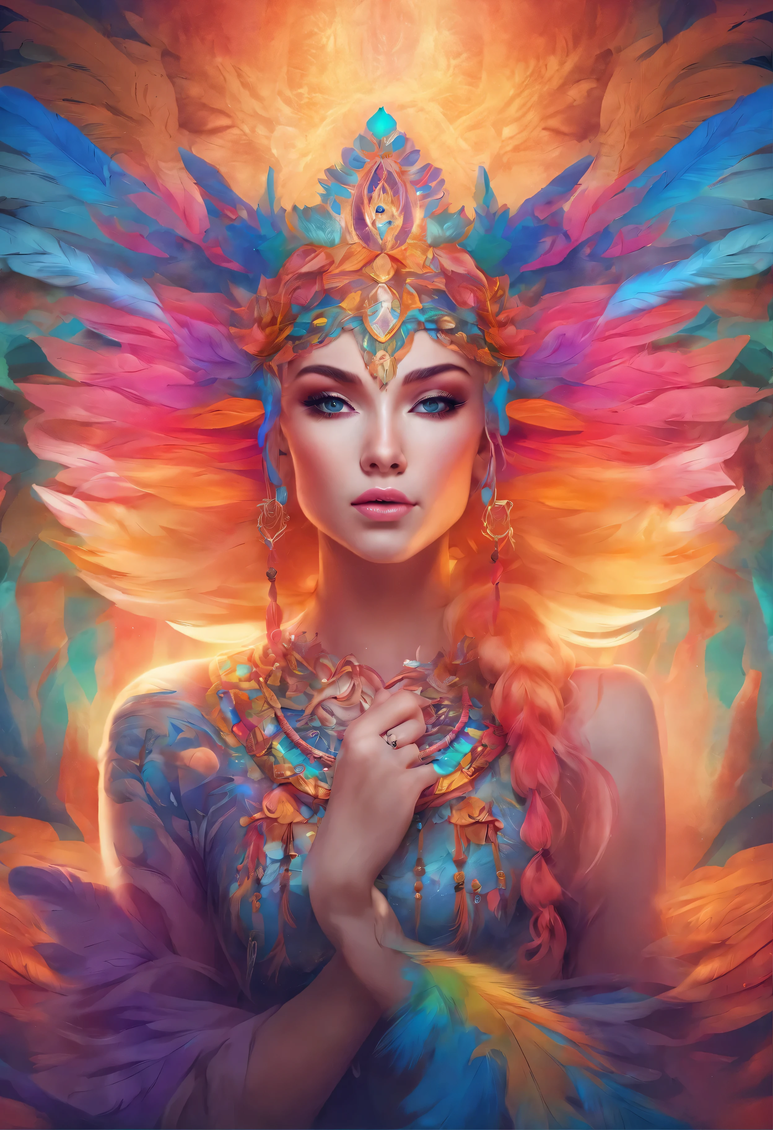 a woman with bright makeup and colorful hair with feathers on her head, vibrant digital painting, colorful digital painting, vibrant fantasy style, colorfull digital fantasy art, color photograph portrait 4k, symmetrical painted face, colorful photo, doja cat, vivid psychedelic colors, beautiful digital artwork, jen bartel, unreal engine : : rave makeup, vibrant fan art, 360 view, Fujifilm, Wide-Angle, first-person view, wide shot, viewfinder, polar opposites, rotational symmetry, projected inset, reflection light, optical illusion, UHD, masterpiece, textured skin, 8k