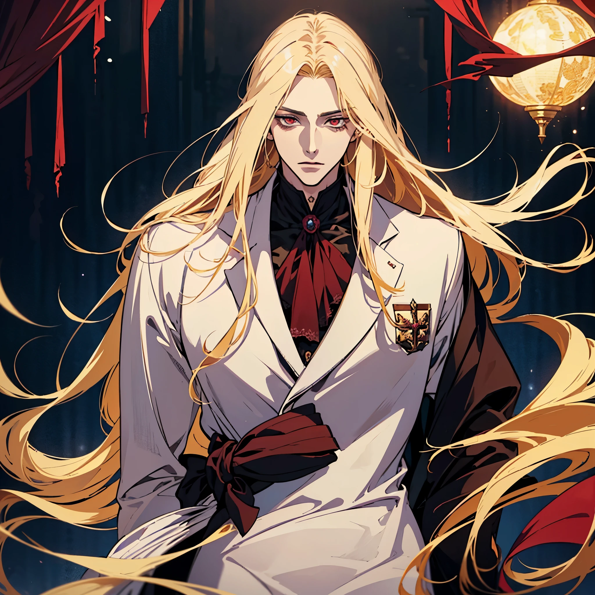 anime, alone, one man with long blonde hair, alucard, castelvania, beautiful androgynous prince, magical blond prince, delicate androgynous prince, handsome male vampire, detailed 30 year old male face, casimir art, anime handsome man, key anime art, vampire, male vampire, red eyes, sexy, attractive, full body, tongle, NO clothes, NO shirt, adult content, nudity, penis