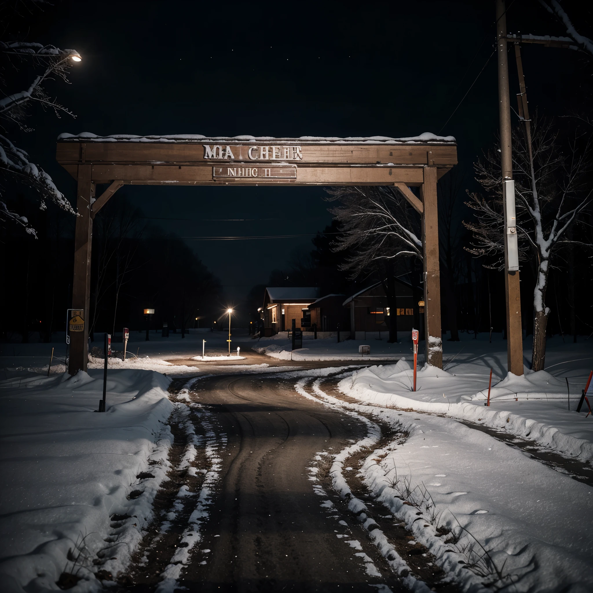 Dark snowy midnight in midwest town with ambient horror vibe