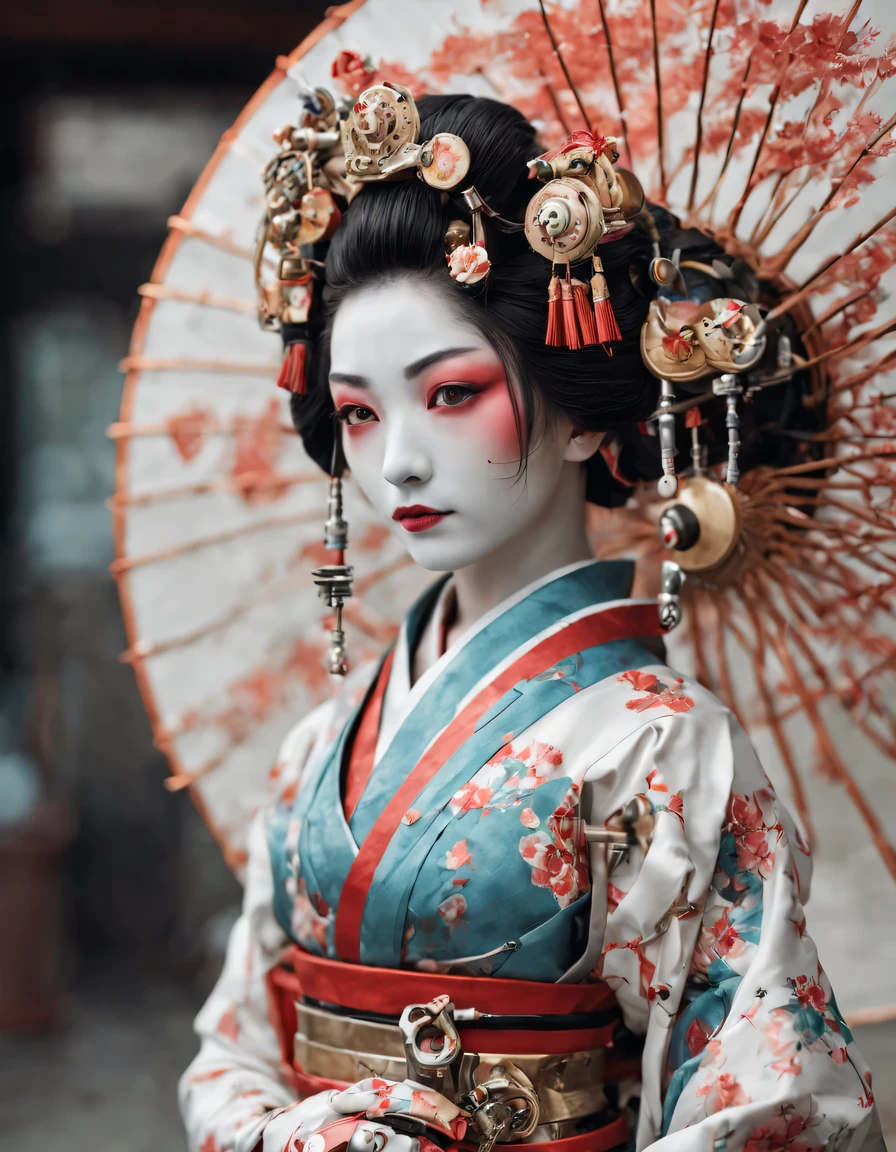 sci-fi, realistic photo, full bod shot, 1 mechanical girl, mechanical parts, mechanical face, mechanical hands, mechanical body, mechanical legs, cybernetic, android geisha, wearing traditional Japanese clothing and a parasol, elegant mix of japanese woman and mechanical robot, japanese android geisha, traditional geisha clothing, beauty mechanical geisha, geisha hairstyle, Portrait of a mechanical geisha, mechanical parts, mechanical face, mechanical hands, visible mechanical element (mechanical body,mechanical arms :1.4), full boddy shot, depth of field, film grain, raw photo
