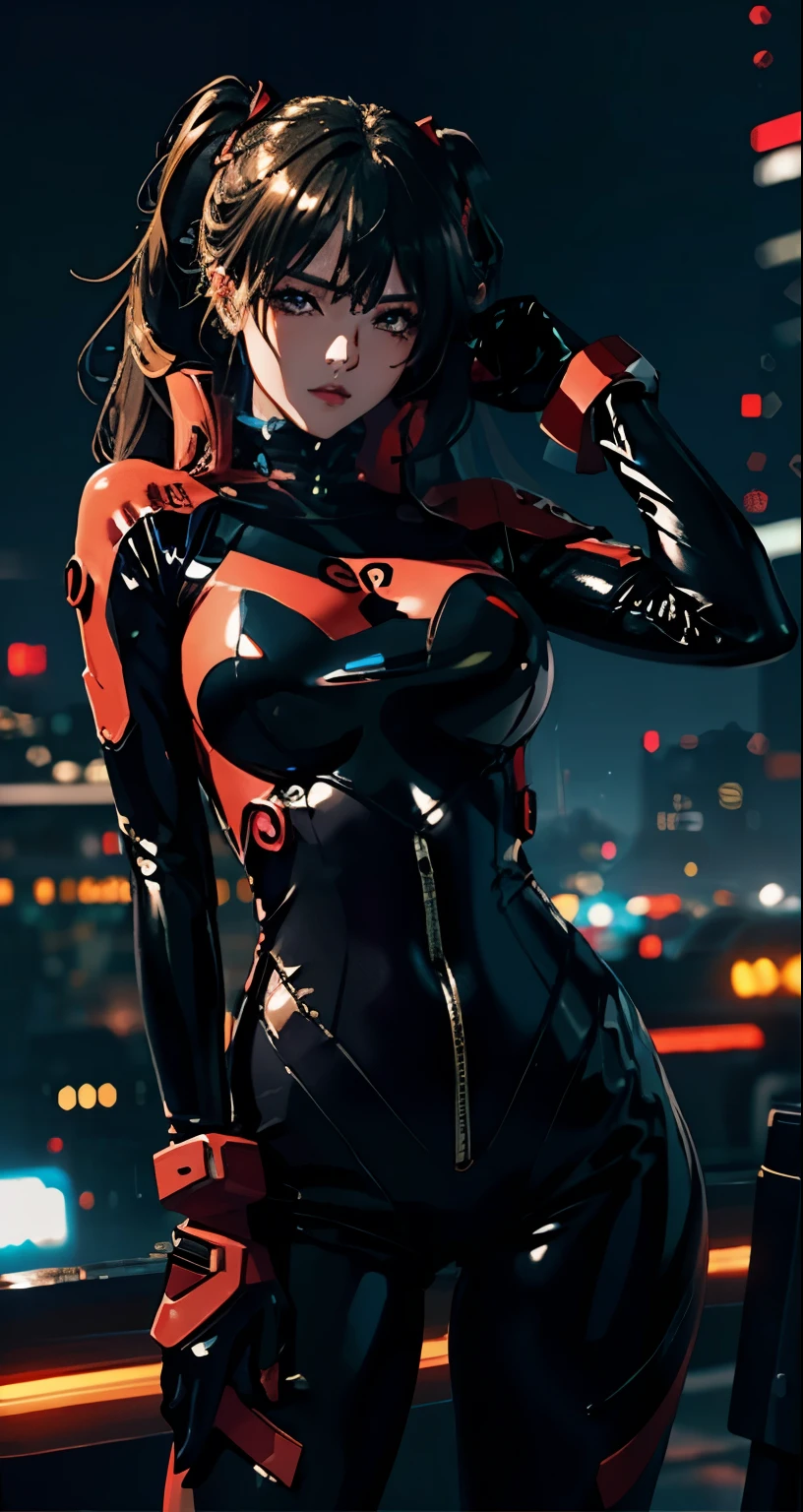 very seductive and sexy anime girl in tight black leather suit in a sexy revealing pose, rainy cyberpunk background, ultra realistic, high quality, 8k