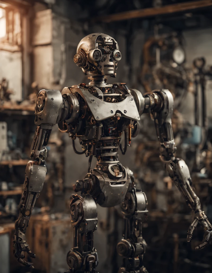 sci-fi, realistic photo,  full bod shot, 1 mechanical puppet,  visible mechanical element (mechanical body,mechanical arms :1.4), full boddy shot, depth of field, film grain, raw photo