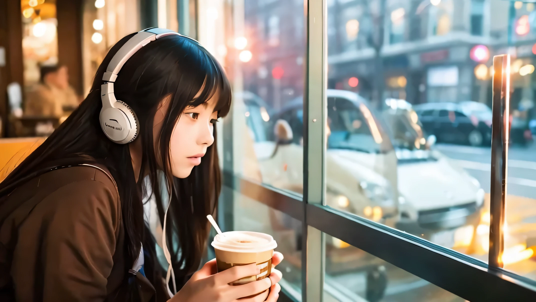 study at a cafe girl anime Ghibli headphone warm color long hair