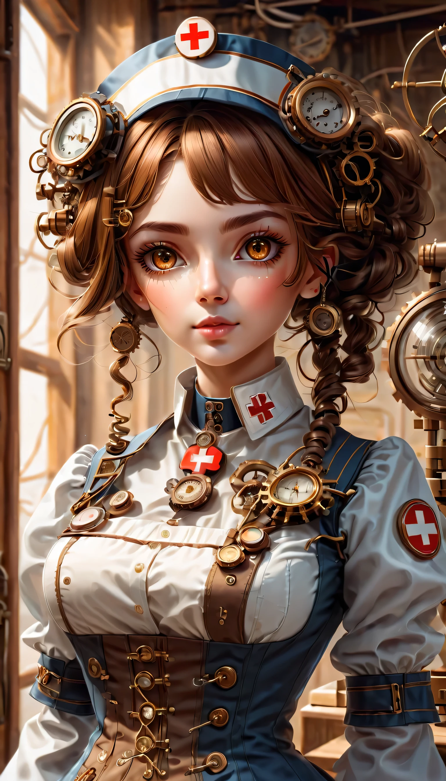 mechanism:humanoid:nurse:16th century European nurse uniform:whole body,doll face:perfect face:big brown eyes,eyelash,hide hair wires,she is made of machinery,Steampunk element,Mechanical engineering,Mechanically,Mechanical,pop,cute,intricate details,very fine,High resolution,high quality,最high quality,clearly,Be clear,beautiful light and shadow,Three dimensions,adorable appearance,complex configuration,mechanism,dynamic,busy,Work hard,An expression that makes you want to support,Medical equipment,medical supplies shelf,vial,show evidence that it is a machine,light from window