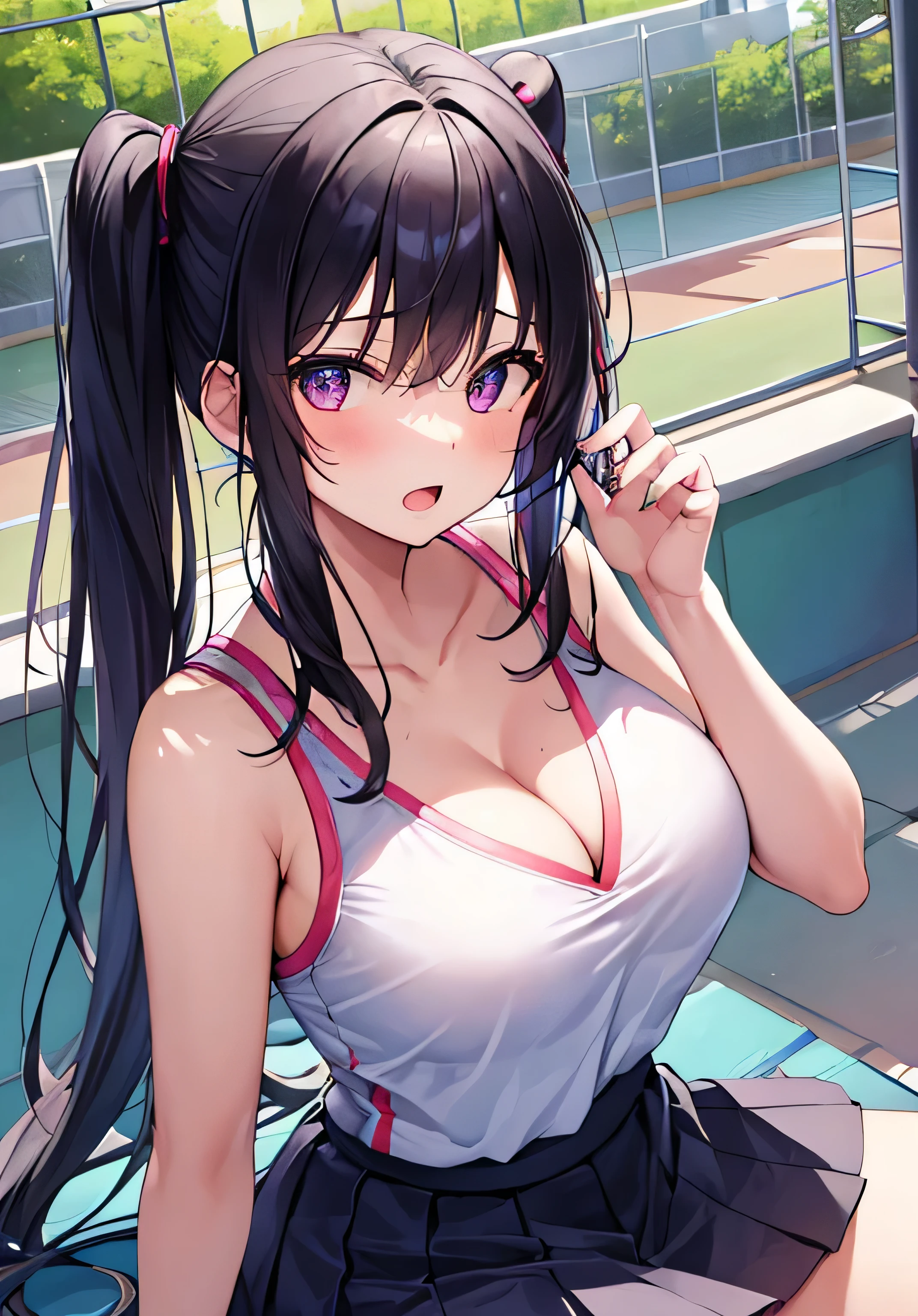 masterpiece、best image quality、ultra high resolution、age girl with big n tail hairstyle、black hair、red face、shyly、mock、Open your mouth just a little、Teenage girltennis wear showing cleavage、teenage gied skirt、ing on the bench、on the tennis court