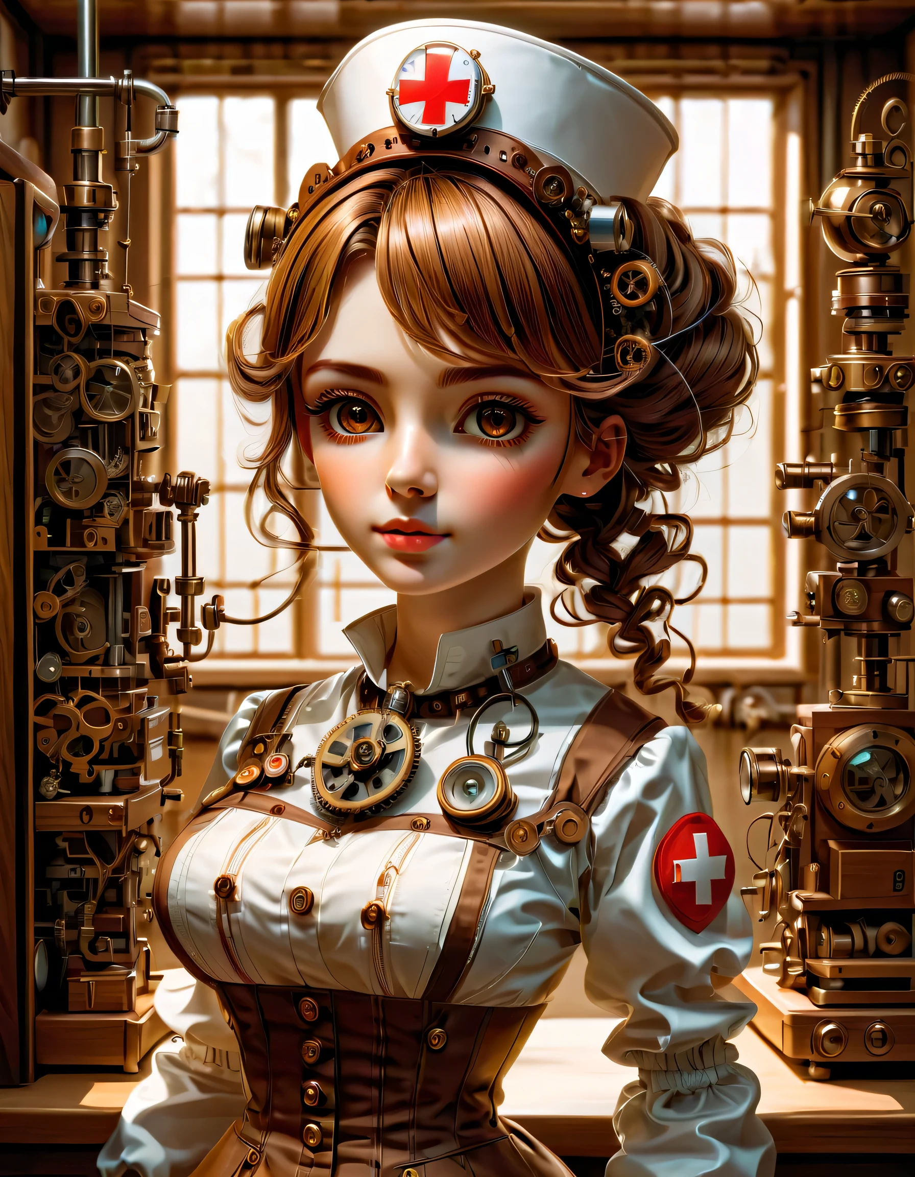 mechanism:humanoid:nurse:16th century European nurse uniform:whole body,doll face:perfect face:big brown eyes,eyelash,hide hair wires,she is made of machinery,Steampunk element,Mechanical engineering,Mechanically,Mechanical,pop,cute,intricate details,very fine,High resolution,high quality,最high quality,clearly,Be clear,beautiful light and shadow,Three dimensions,adorable appearance,complex configuration,mechanism,dynamic,busy,Work hard,An expression that makes you want to support,Medical equipment,medical supplies shelf,vial,show evidence that it is a machine,light from window,Mechanical medical room,Three sides,anatomically correct