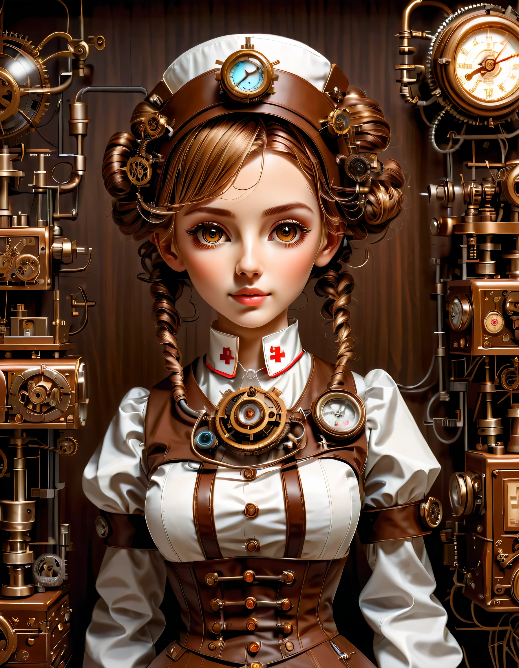 mechanism:humanoid:nurse:16th century European nurse uniform:whole body,doll face:perfect face:big brown eyes,eyelash,hide hair wires,she is made of machinery,Steampunk element,Mechanical engineering,Mechanically,Mechanical,pop,cute,intricate details,very fine,High resolution,high quality,最high quality,clearly,Be clear,beautiful light and shadow,Three dimensions,adorable appearance,complex configuration,mechanism,dynamic,busy,Work hard,An expression that makes you want to support,Medical equipment,medical supplies shelf,vial,show evidence that it is a machine,light from window,Mechanical medical room,Three sides,anatomically correct