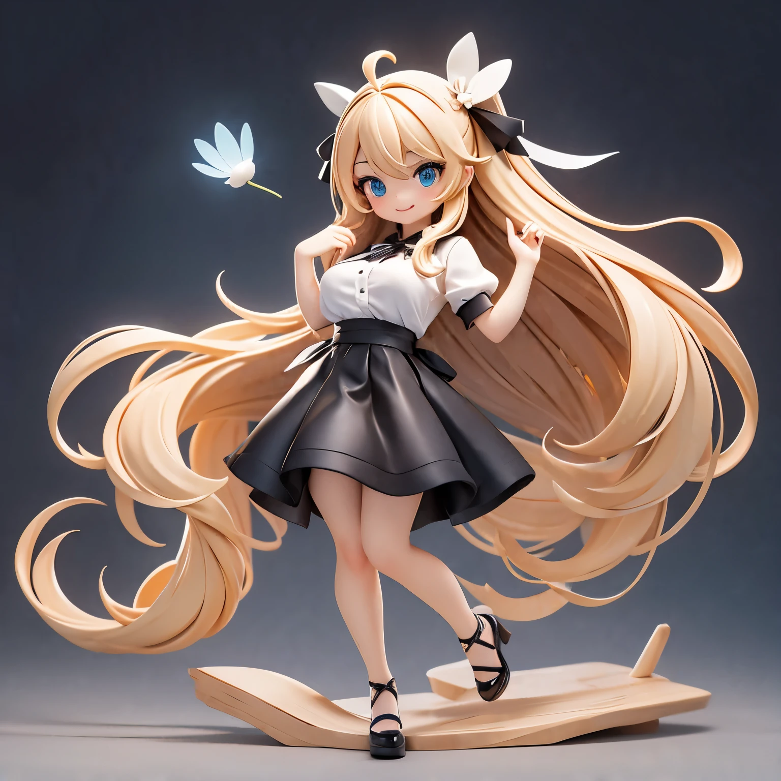 work, best quality, girl, long hair alternative, absurdly long hair, blonde hair, bow hair, aqua eyes, seductive smile, Tongue, black eyes, long eyelashes, big breasts, There is a mole on the chest, White shirt, black skirt, shoe, period, hair ribbon, flower ribbon, hair_ribbon, hair_ribbon, hair_flower