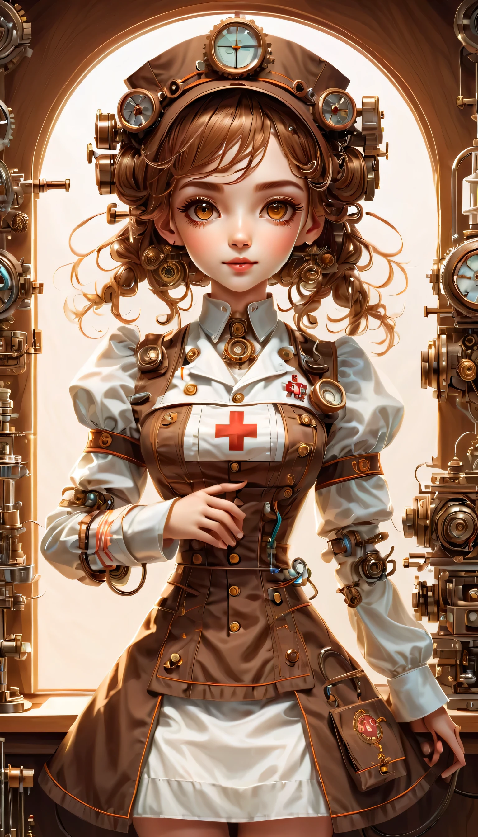 mechanism:humanoid:nurse:16th century European nurse uniform:whole body,doll face:perfect face:big brown eyes,eyelash,hide hair wires,she is made of machinery,Steampunk element,Mechanical engineering,Mechanically,Mechanical,pop,cute,intricate details,very fine,High resolution,high quality,最high quality,clearly,Be clear,beautiful light and shadow,Three dimensions,adorable appearance,complex configuration,mechanism,dynamic,busy,Work hard,An expression that makes you want to support,Medical equipment,medical supplies shelf,vial,show evidence that it is a machine,light from window