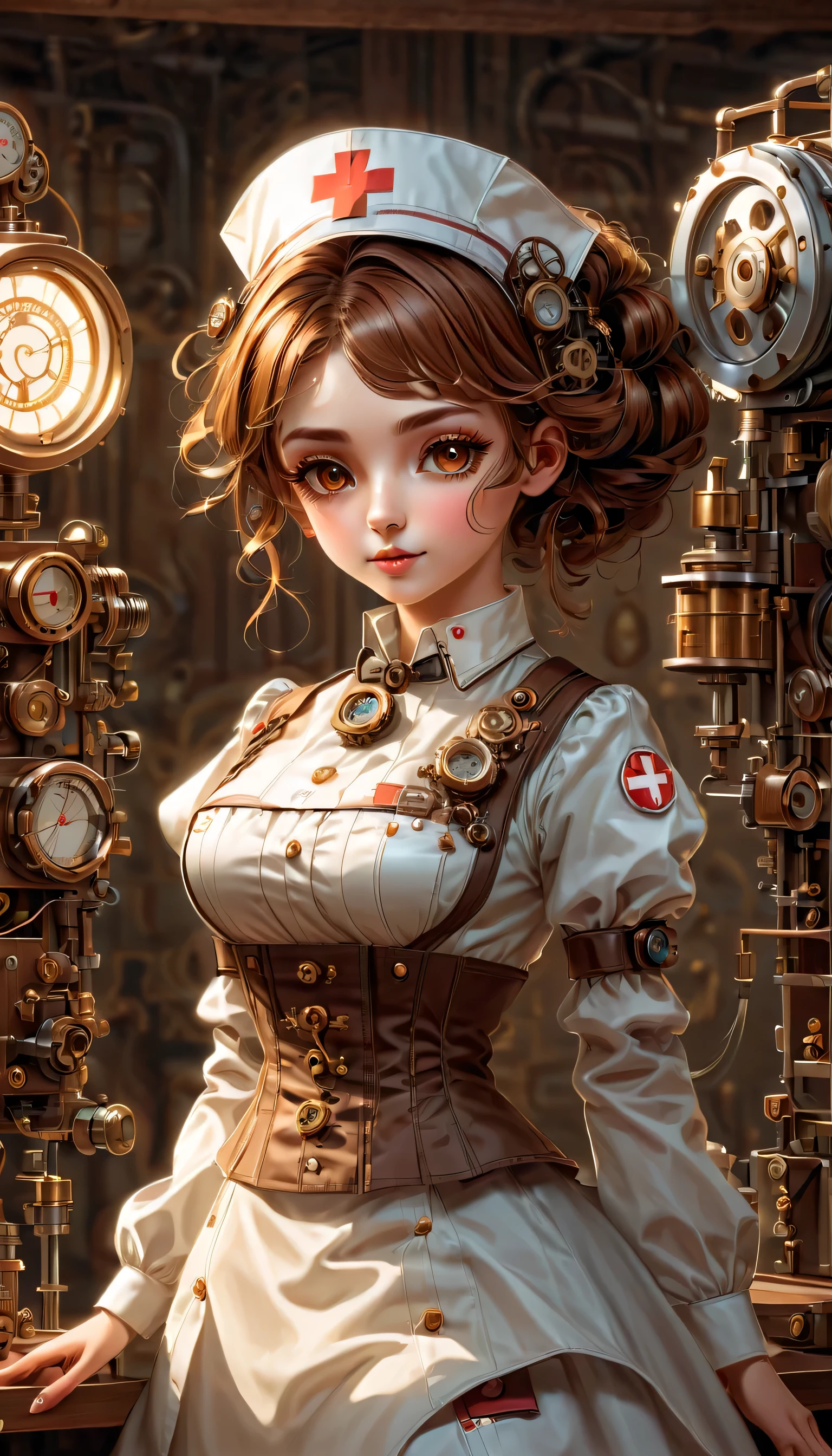 mechanism:humanoid:nurse:16th century European nurse uniform:whole body,doll face:perfect face:big brown eyes,eyelash,hide hair wires,she is made of machinery,Steampunk element,Mechanical engineering,Mechanically,Mechanical,pop,cute,intricate details,very fine,High resolution,high quality,最high quality,clearly,Be clear,beautiful light and shadow,Three dimensions,adorable appearance,complex configuration,mechanism,dynamic,busy,Work hard,An expression that makes you want to support,Medical equipment,medical supplies shelf,vial,show evidence that it is a machine,light from window