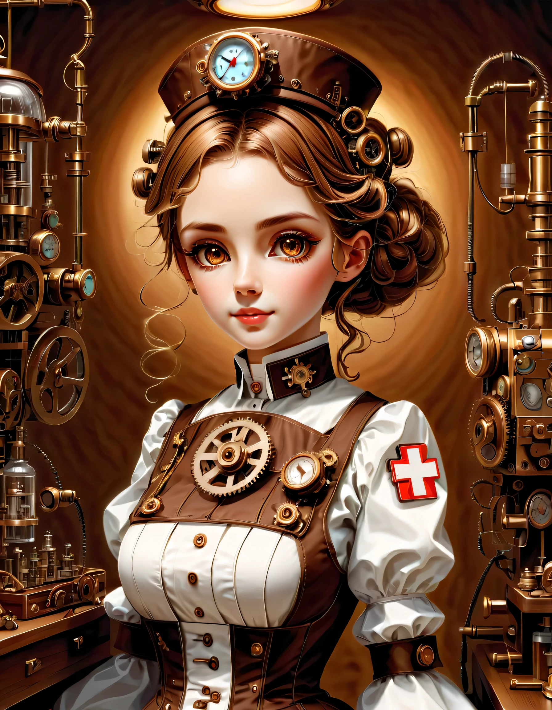 mechanism:humanoid:nurse:16th century European nurse uniform:whole body,doll face:perfect face:big brown eyes,eyelash,hide hair wires,she is made of machinery,Steampunk element,Mechanical engineering,Mechanically,Mechanical,pop,cute,intricate details,very fine,High resolution,high quality,最high quality,clearly,Be clear,beautiful light and shadow,Three dimensions,adorable appearance,complex configuration,mechanism,dynamic,busy,Work hard,An expression that makes you want to support,Medical equipment,medical supplies shelf,vial,show evidence that it is a machine,light from window,Mechanical medical room,I am repairing the arm that came off by myself..