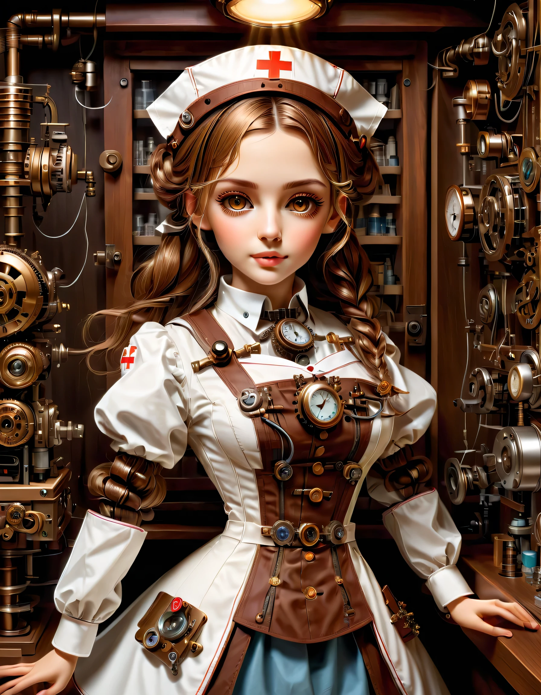 mechanism:humanoid:nurse:16th century European nurse uniform:whole body,doll face:perfect face:big brown eyes,eyelash,hide hair wires,she is made of machinery,Steampunk element,Mechanical engineering,Mechanically,Mechanical,pop,cute,intricate details,very fine,High resolution,high quality,最high quality,clearly,Be clear,beautiful light and shadow,Three dimensions,adorable appearance,complex configuration,mechanism,dynamic,busy,Work hard,An expression that makes you want to support,Medical equipment,medical supplies shelf,vial,show evidence that it is a machine,light from window