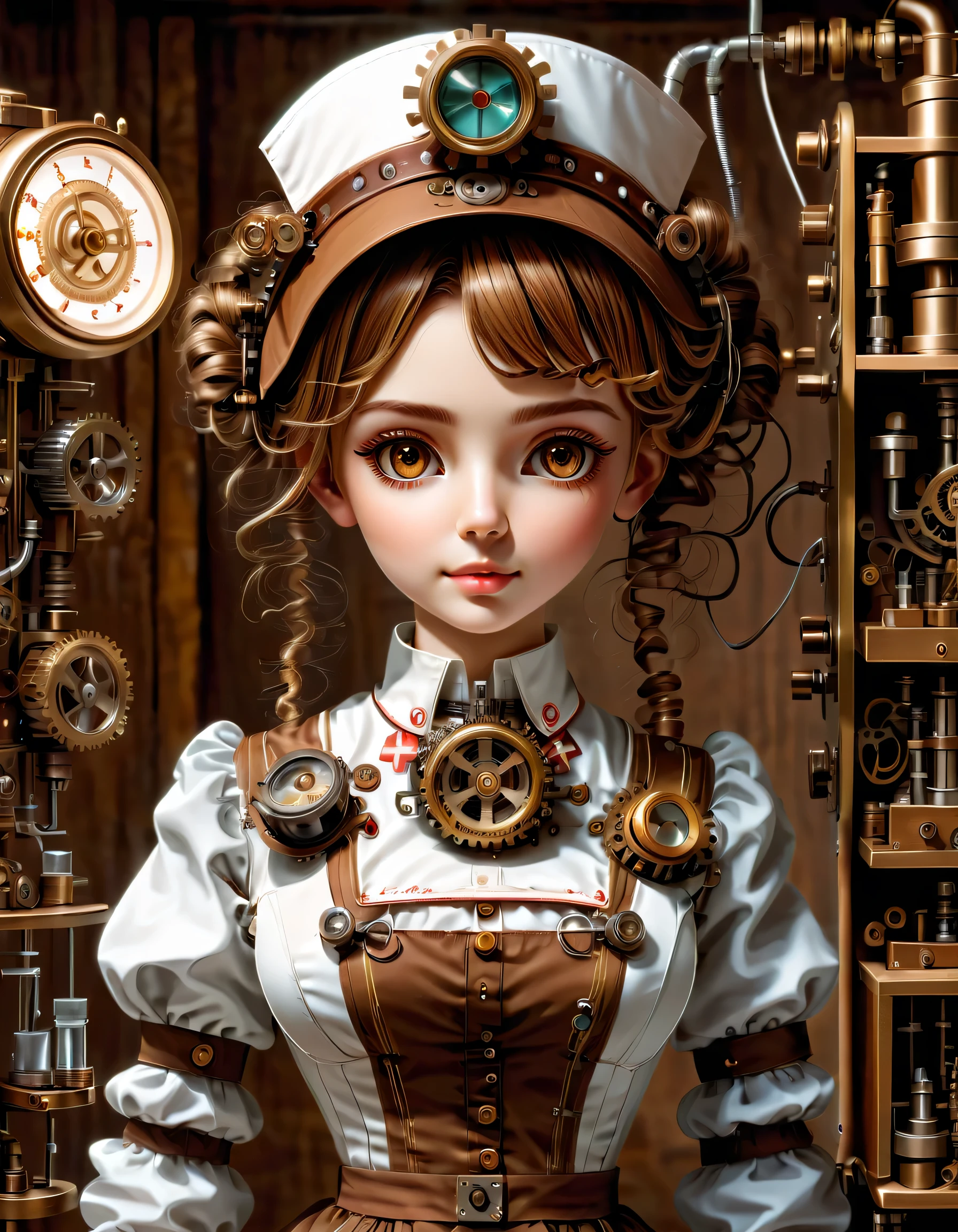 mechanism:humanoid:nurse:16th century European nurse uniform:whole body,doll face:perfect face:big brown eyes,eyelash,hide hair wires,she is made of machinery,Steampunk element,Mechanical engineering,Mechanically,Mechanical,pop,cute,intricate details,very fine,High resolution,high quality,最high quality,clearly,Be clear,beautiful light and shadow,Three dimensions,adorable appearance,complex configuration,mechanism,dynamic,busy,Work hard,An expression that makes you want to support,Medical equipment,medical supplies shelf,vial,show evidence that it is a machine,light from window,Mechanical medical room