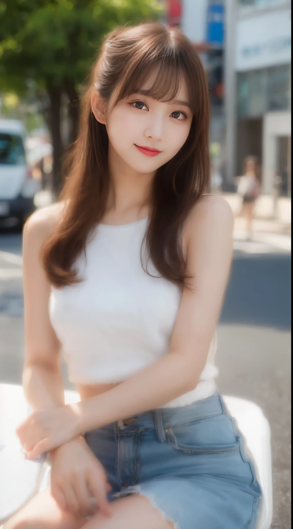table top, highest quality, figure, super detailed, finely, High resolution, 8k wallpaper, 完璧なダイナミックな構figure, detailed and beautiful eyes, Trendy tank top fashion in Tokyo(Fluffy fabric),cute hairstyles,,natural color lip, 女の子たちのランダムなcuteポーズ,smile、20 year old girl、cute、sexy looking at camera,blur the background,slim face and body,beautiful and detailed face,anatomically correct body