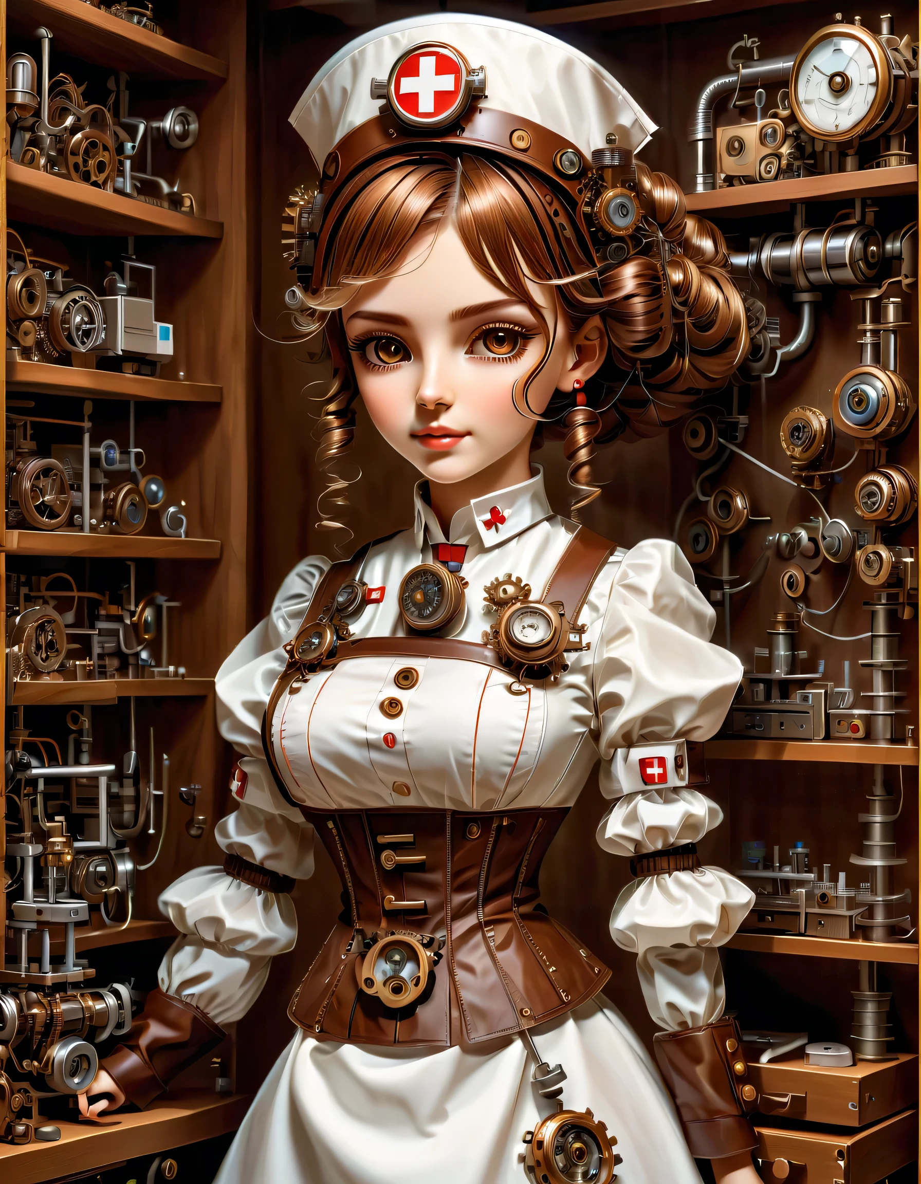 mechanism:humanoid:nurse:16th century European nurse uniform:whole body,doll face:perfect face:big brown eyes,eyelash,hide hair wires,she is made of machinery,Steampunk element,Mechanical engineering,Mechanically,Mechanical,pop,cute,intricate details,very fine,High resolution,high quality,最high quality,clearly,Be clear,beautiful light and shadow,Three dimensions,adorable appearance,complex configuration,mechanism,dynamic,busy,Work hard,An expression that makes you want to support,Medical equipment,medical supplies shelf,vial,show evidence that it is a machine,light from window,Mechanical medical room