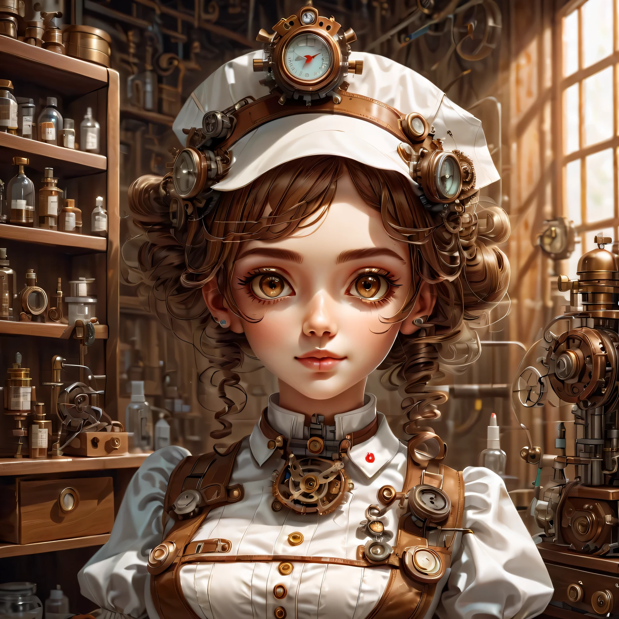 mechanism:humanoid:nurse:16th century European nurse uniform:whole body,doll face:perfect face:big brown eyes,eyelash,hide hair wires,she is made of machinery,Steampunk element,Mechanical engineering,Mechanically,Mechanical,pop,cute,intricate details,very fine,High resolution,high quality,最high quality,clearly,Be clear,beautiful light and shadow,Three dimensions,adorable appearance,complex configuration,mechanism,dynamic,busy,Work hard,An expression that makes you want to support,Medical equipment,medical supplies shelf,vial,show evidence that it is a machine,light from window