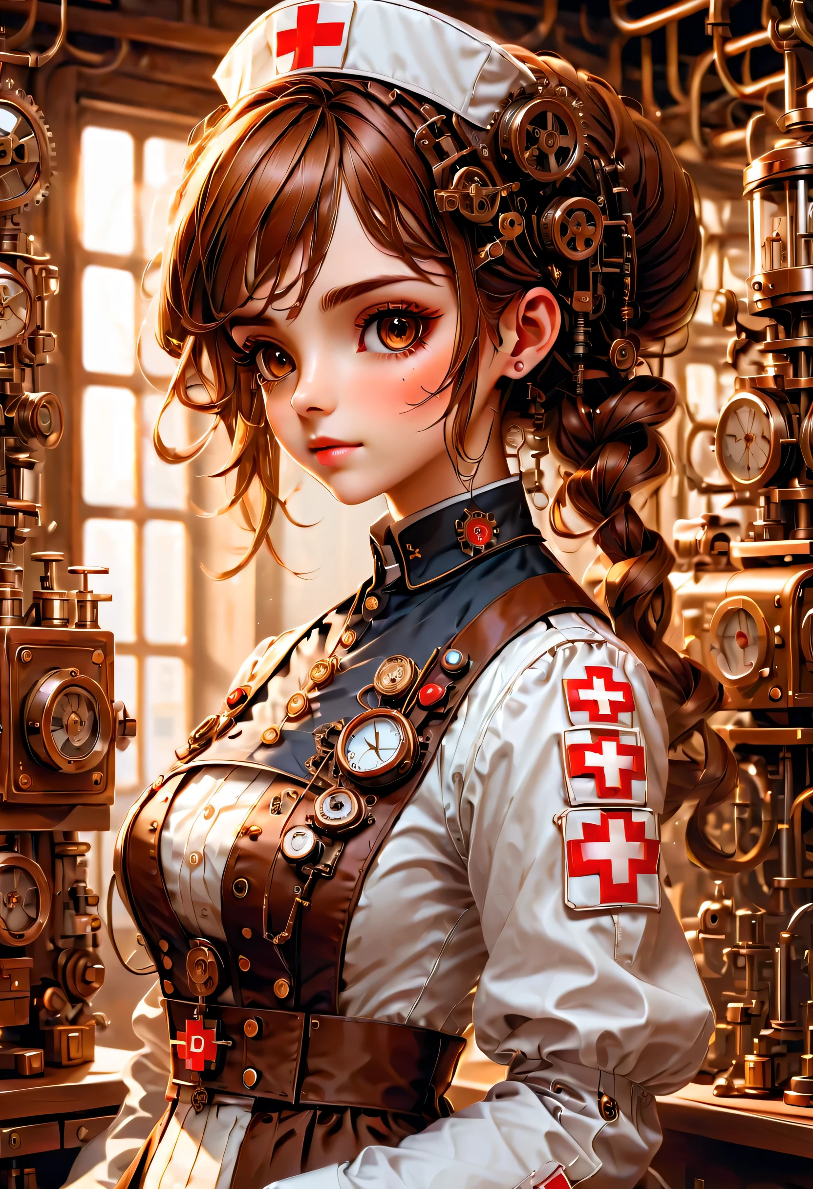 mechanism:humanoid:nurse:16th century European nurse uniform:whole body,doll face:perfect face:big brown eyes,eyelash,hide hair wires,she is made of machinery,Steampunk element,Mechanical engineering,Mechanically,Mechanical,pop,cute,intricate details,very fine,High resolution,high quality,最high quality,clearly,Be clear,beautiful light and shadow,Three dimensions,adorable appearance,complex configuration,mechanism,dynamic,busy,Work hard,An expression that makes you want to support,Medical equipment,medical supplies shelf,vial,show evidence that it is a machine,light from window