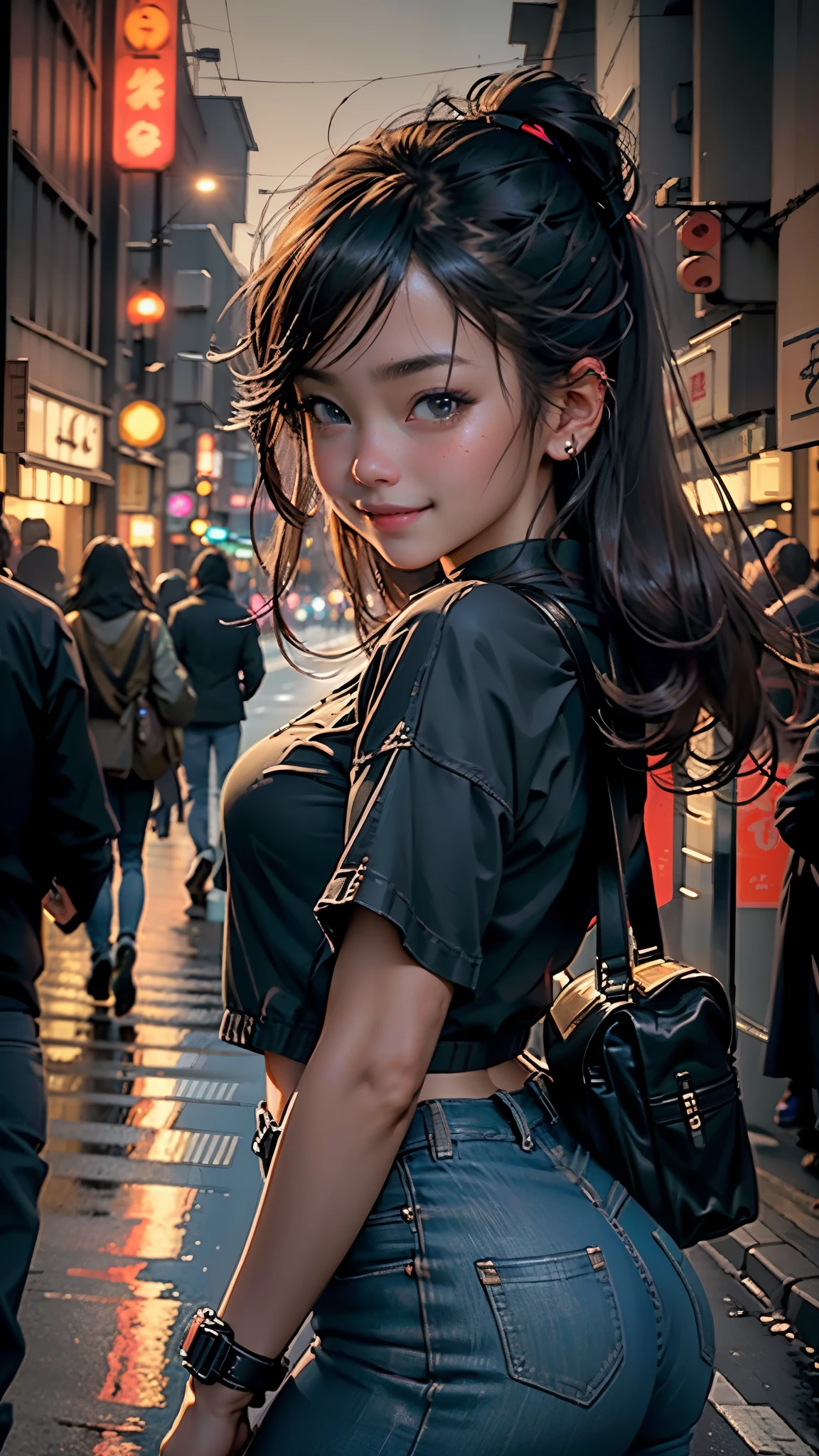 1girl, Tokyo street,night, cityscape,city lights,upper body,close-up,smile,, (8k, RAW photo, best quality, masterpiece:1.2),(realistic, photo-realistic:1.37),