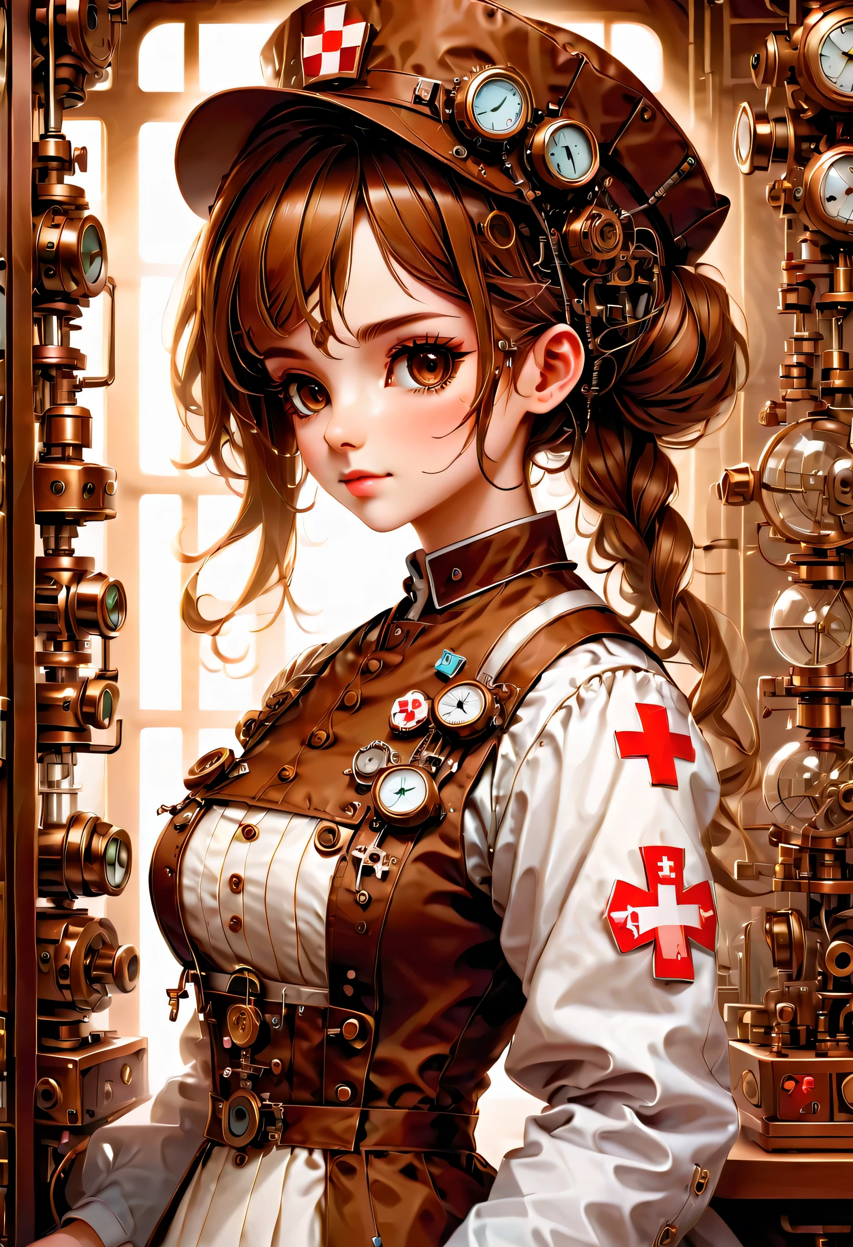 mechanism:humanoid:nurse:16th century European nurse uniform:whole body,doll face:perfect face:big brown eyes,eyelash,hide hair wires,she is made of machinery,Steampunk element,Mechanical engineering,Mechanically,Mechanical,pop,cute,intricate details,very fine,High resolution,high quality,最high quality,clearly,Be clear,beautiful light and shadow,Three dimensions,adorable appearance,complex configuration,mechanism,dynamic,busy,Work hard,An expression that makes you want to support,Medical equipment,medical supplies shelf,vial,show evidence that it is a machine,light from window